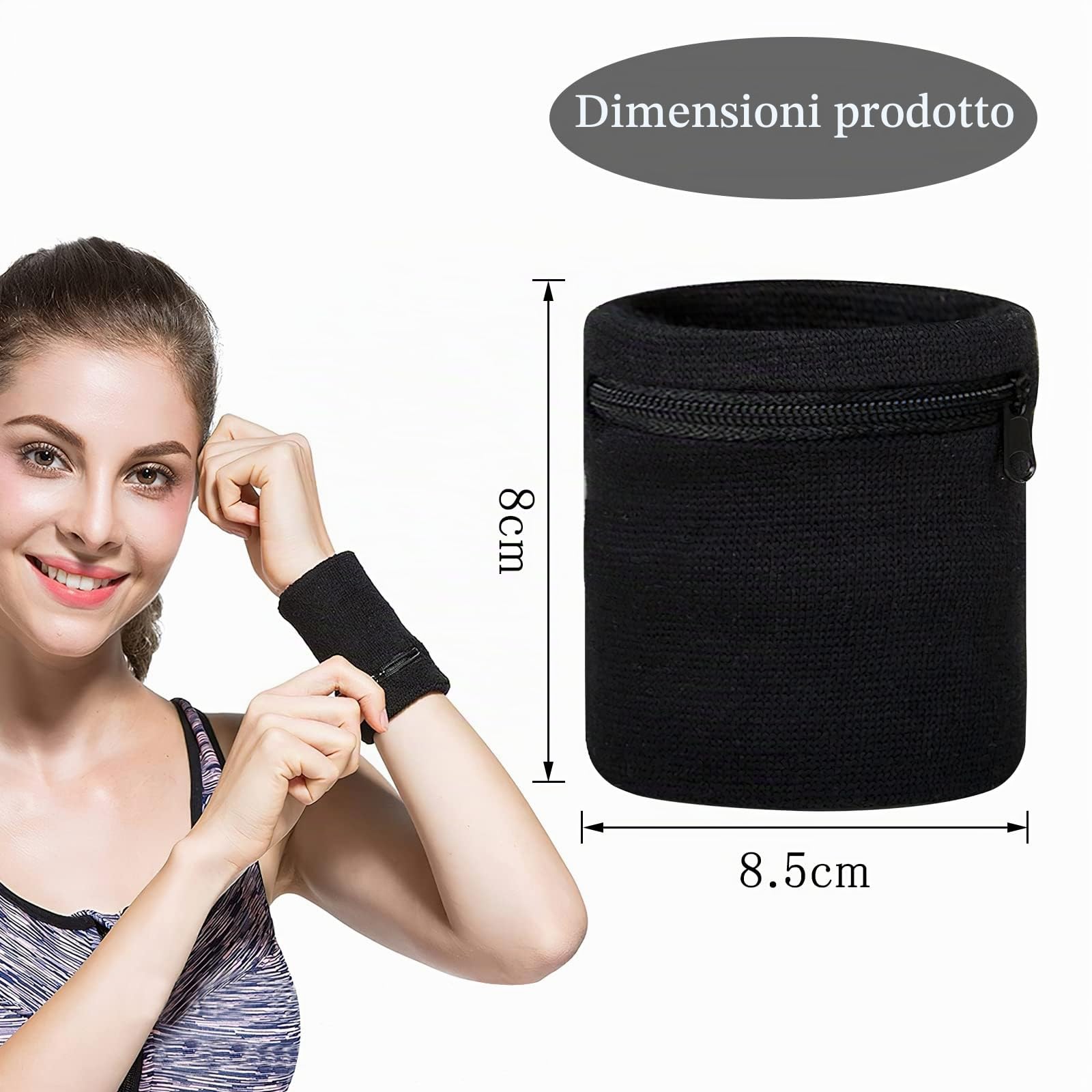 TNSLAND Fasce per sudore da polso per uomo e donna, 4 pezzi, borsa da polso con tasca con cerniera, monete, chiavi, per jogging, camminate, basket, corsa, sport