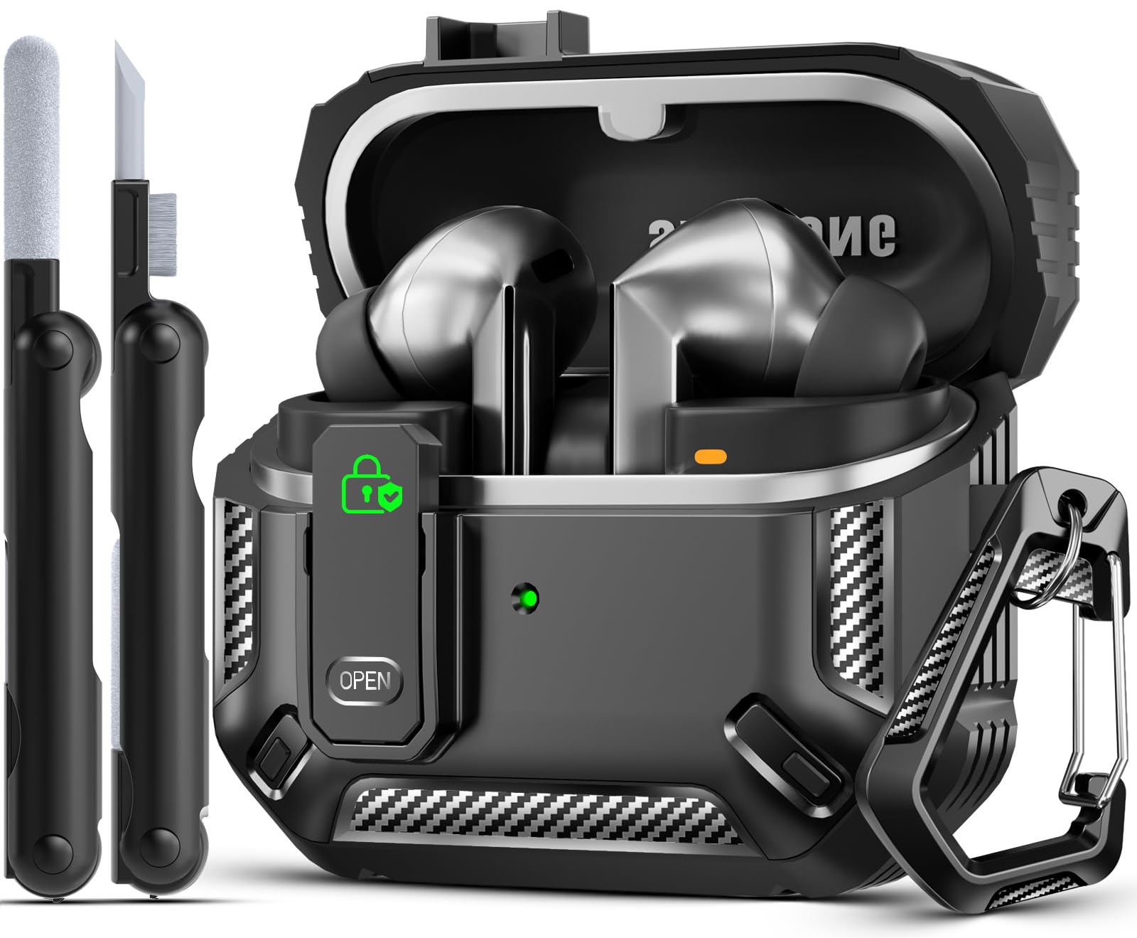 MCTOPZO Compatible with Samsung Galaxy Buds 3/3 Pro Case,with Secure Lock Clip & Cleaning kit Full Body Shockproof Carbon Fiber Protection Design