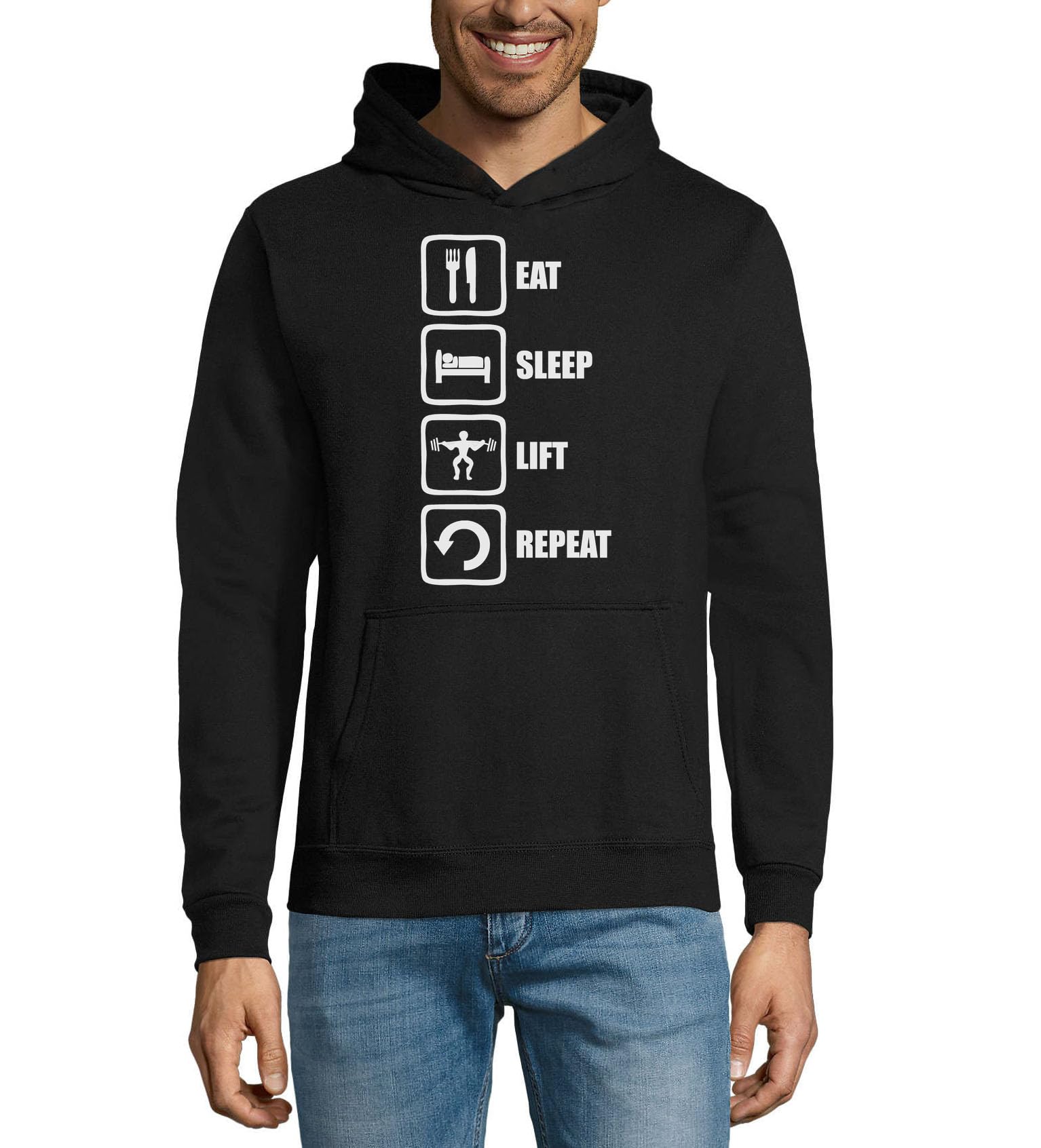 Felpa con cappuccio unisex in misto cotone con logo Eat Sleep Lift Repeat Sportsman nera