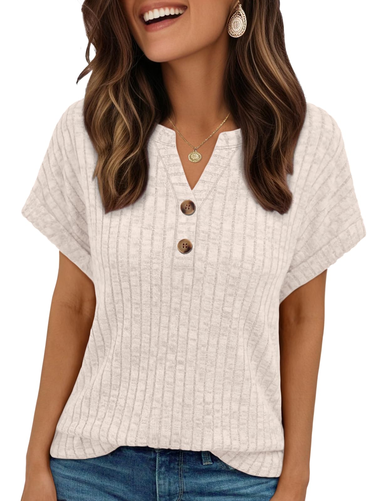 AUTOMET Womens Spring Top Summer Short Sleeve T Shirt Business Dressy Casual Blouse Henley V Neck Sweater Loose Fit Tee Tunic Apricot Medium