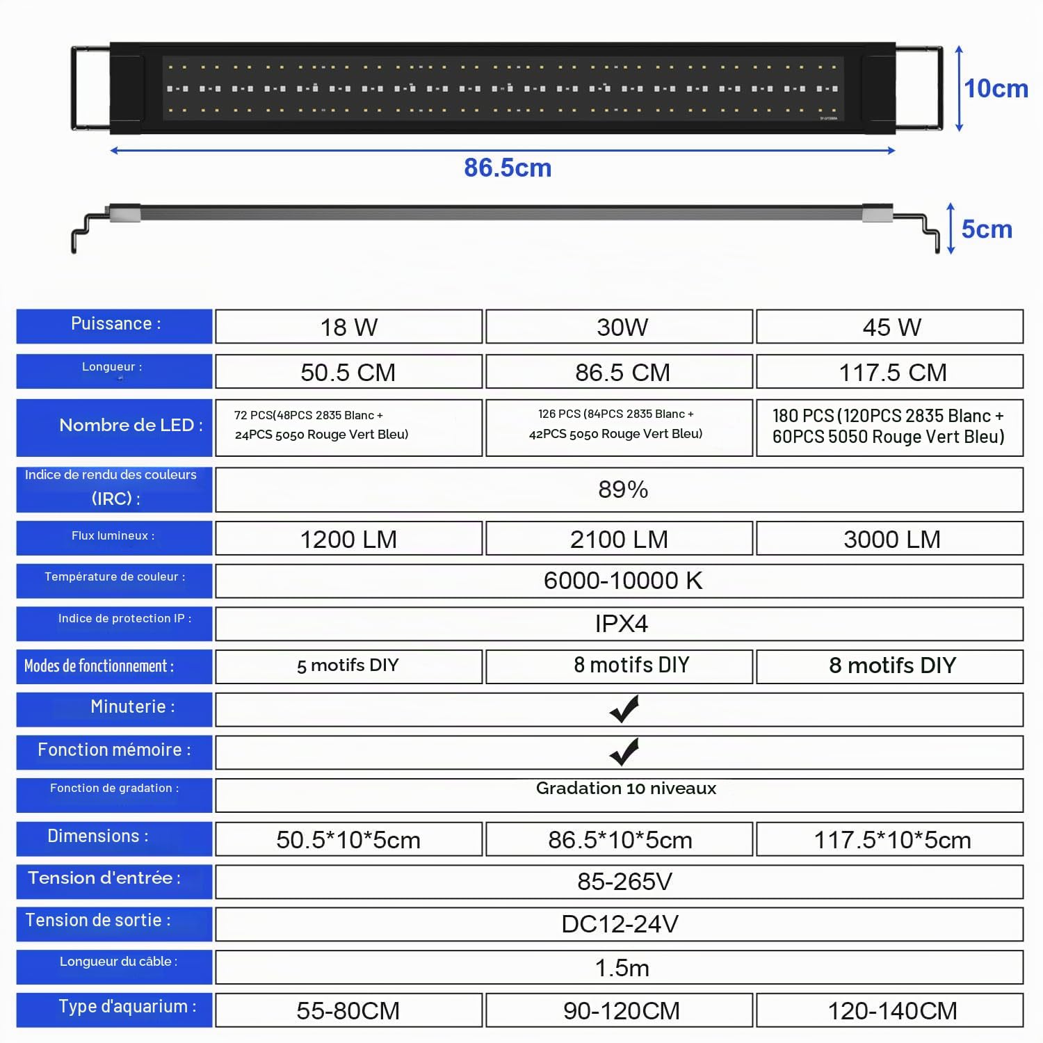 30W LED éclairage d'aquarium, 24/7 mode lampe d'aquarium, 10 niveaux de gradation, pour aquariums d'eau douce de 90-120cm, plusieurs modes climatiques