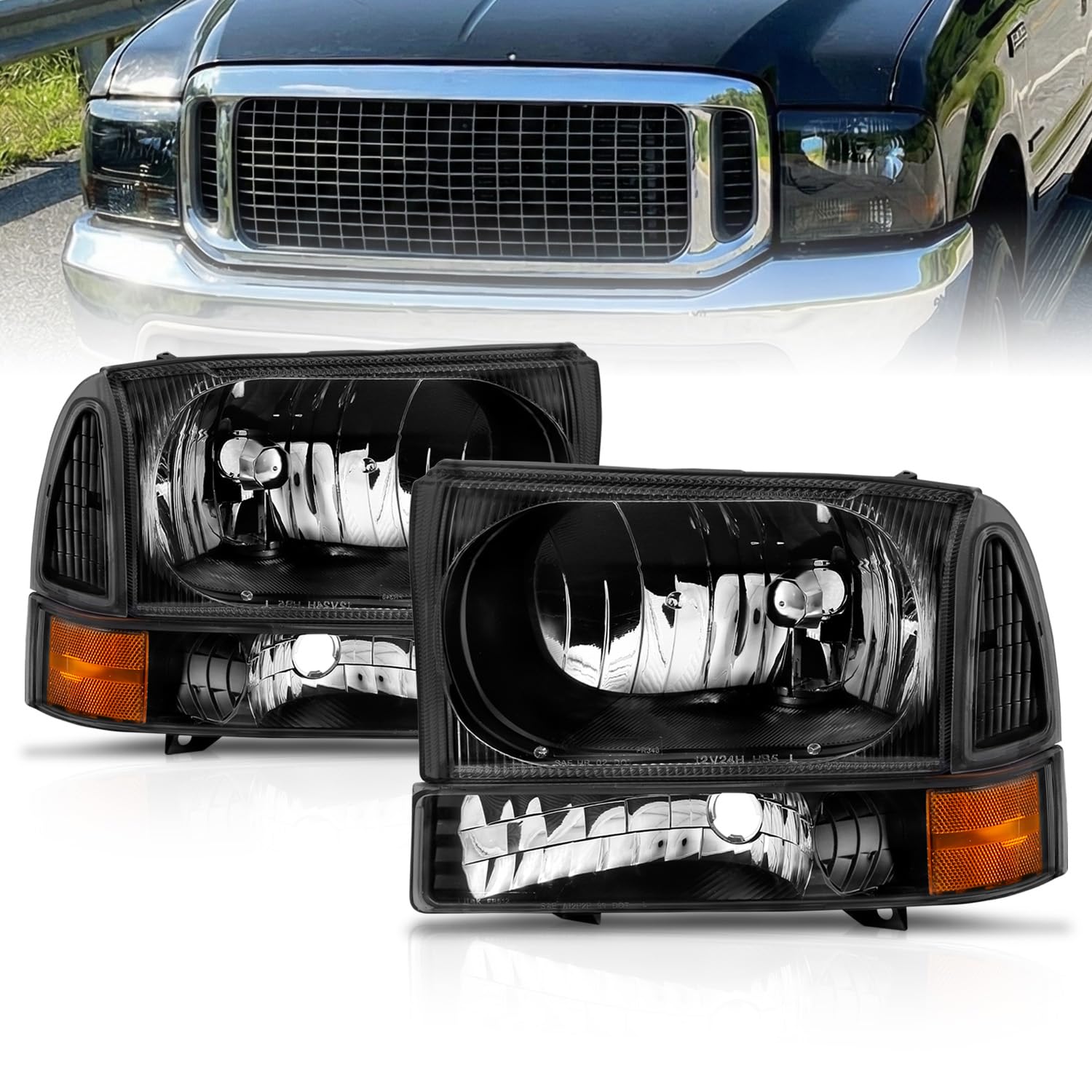 AmeriLite for 1999-2004 Ford Super Duty F250 F350 F450 F550 | Excursion Black Factory Style Replacement Headlights w/Corner Bumper Corner Set - Passenger and Driver Side