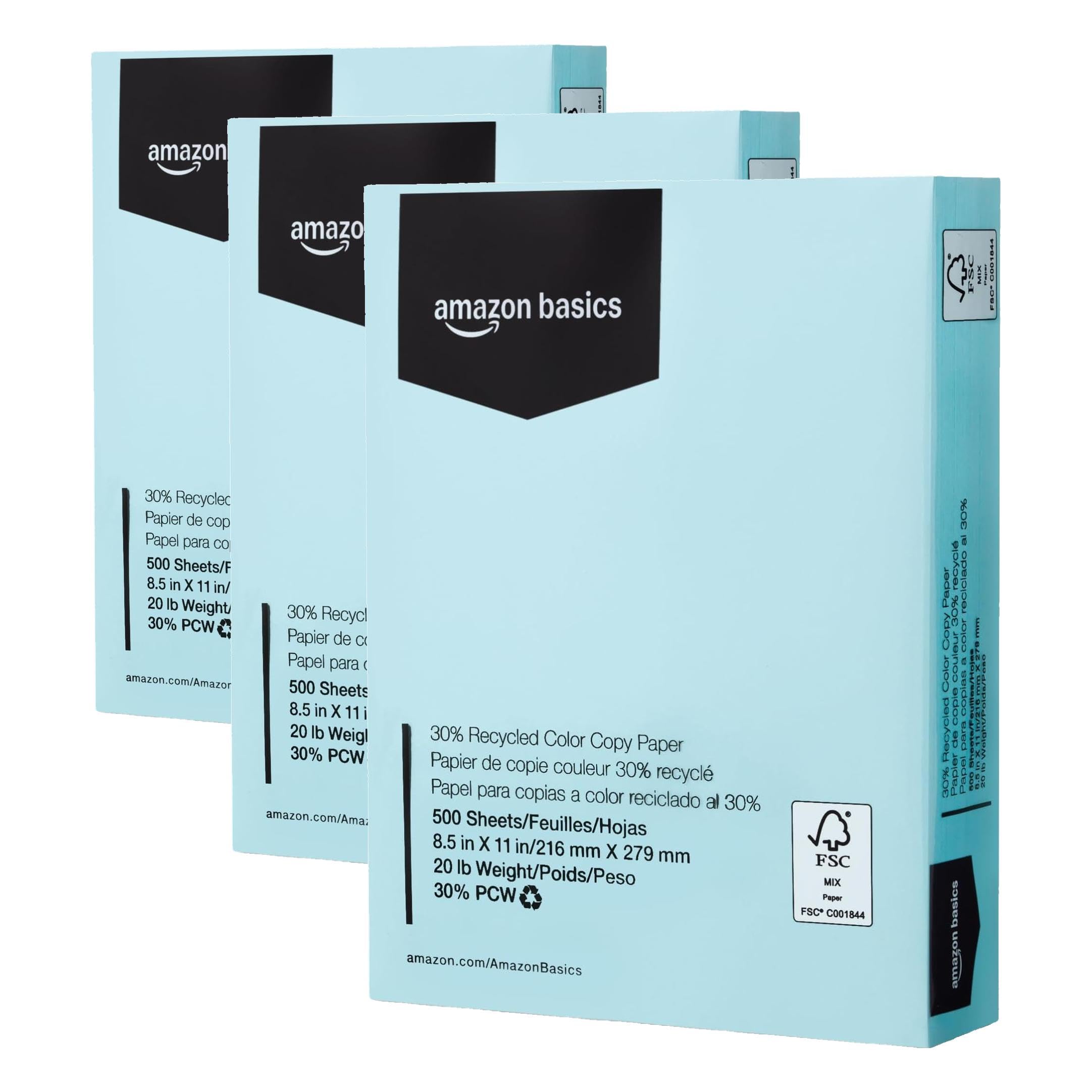 Amazon Basics 30% Recycled Color Copy Paper, 8.5" x 11", 20lb, Pastel Blue, 500 Sheets (Pack of 3)