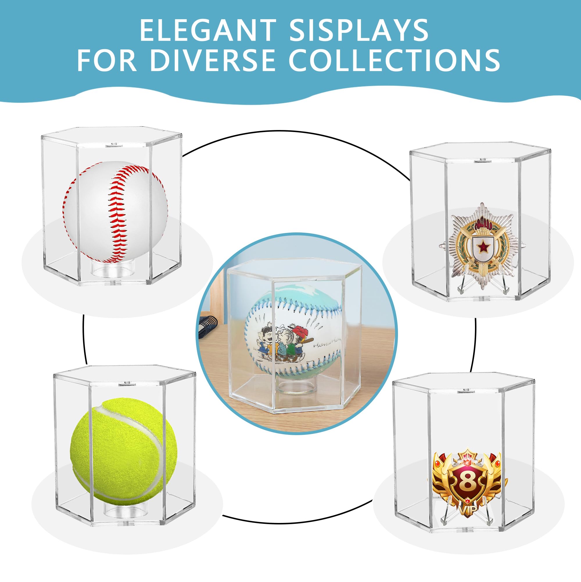 Vitrina hexagonal de acrílico transparente, protección UV, resistente al polvo para béisbol, pelotas de tenis, monedas, hermética con cierre sin costuras y soportes versátiles con 1 pelota y 2