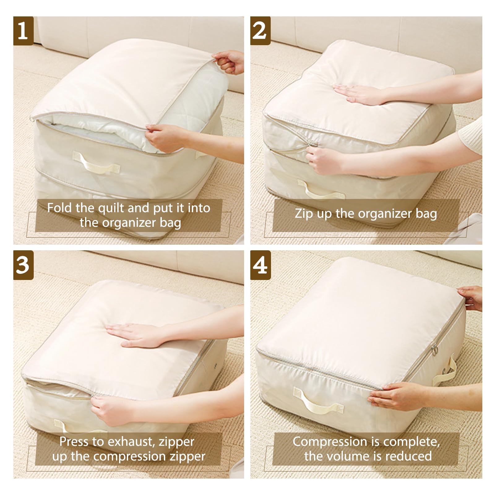 Shackcom 4 organizer autocomprimibili ultra salvaspazio, grandi, per riporre piumini, vestiti, con 4 etichette, per biancheria da letto, vestiti, coperte, cuscini e piumini, L, beige