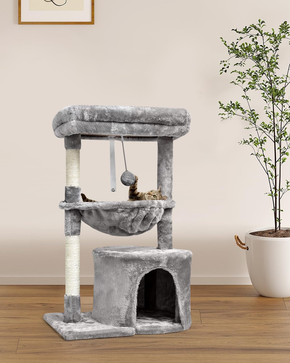 SYANDLVY Kleiner Kratzbaum für Wohnungskatzen, Kätzchen-Kratzwohnung mit Kratzstamm und Kratzbrett (Hellgrau)
