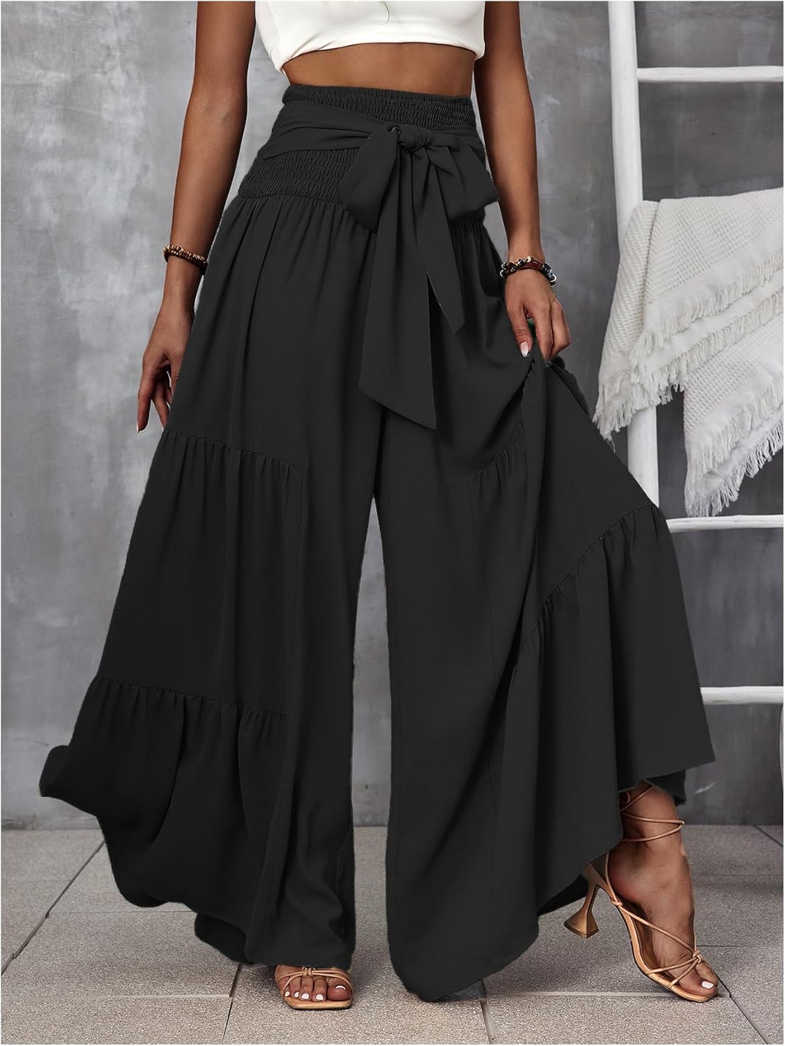 MakeMeChic Women's Ruffle Shirred Wide Leg Pants Paperbag Waist Baggy Palazzo Pants - Image 4