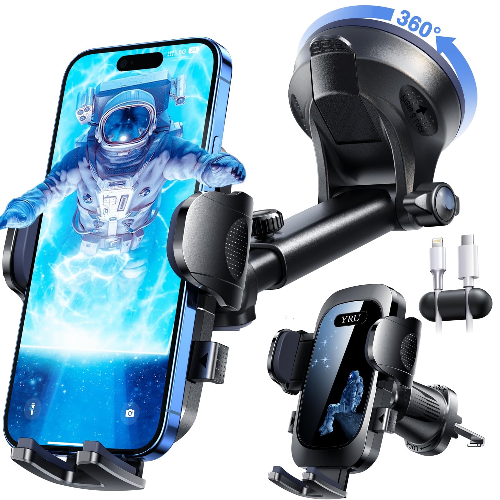 YRU True Military-Grade [360°Rotation Suction] 2025 Ultimate Car Phone Holder Mount[90+LBS Safest Strongest & Patent Certs] Dashboard Windshield Vent for iPhone 17 16 Pro Max Samsung,Blue Black