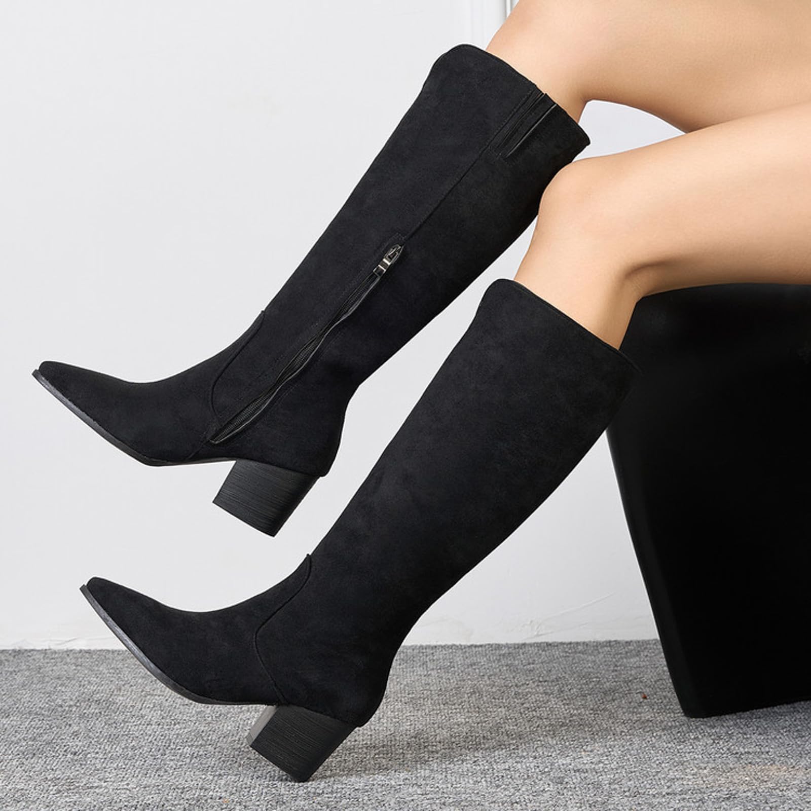 Botas largas para mujer con cremallera lateral hasta la rodilla con tacón en bloque punta alta botas de invierno botas de invierno botas de caña ancha simples