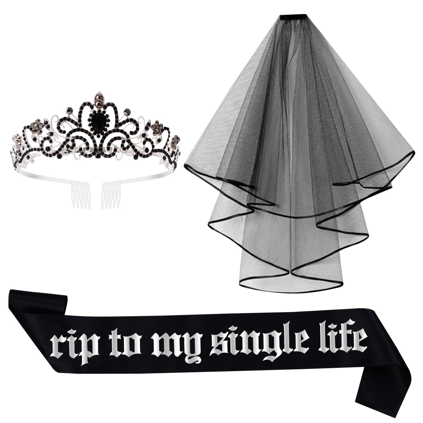 kreat4joy Rip to My Single Life Bachelorette Decoration Set Black Bride Sash Crown Veil for Woman Gothic Theme Bride or Die Bridal Shower Wedding Celebration Party Favor