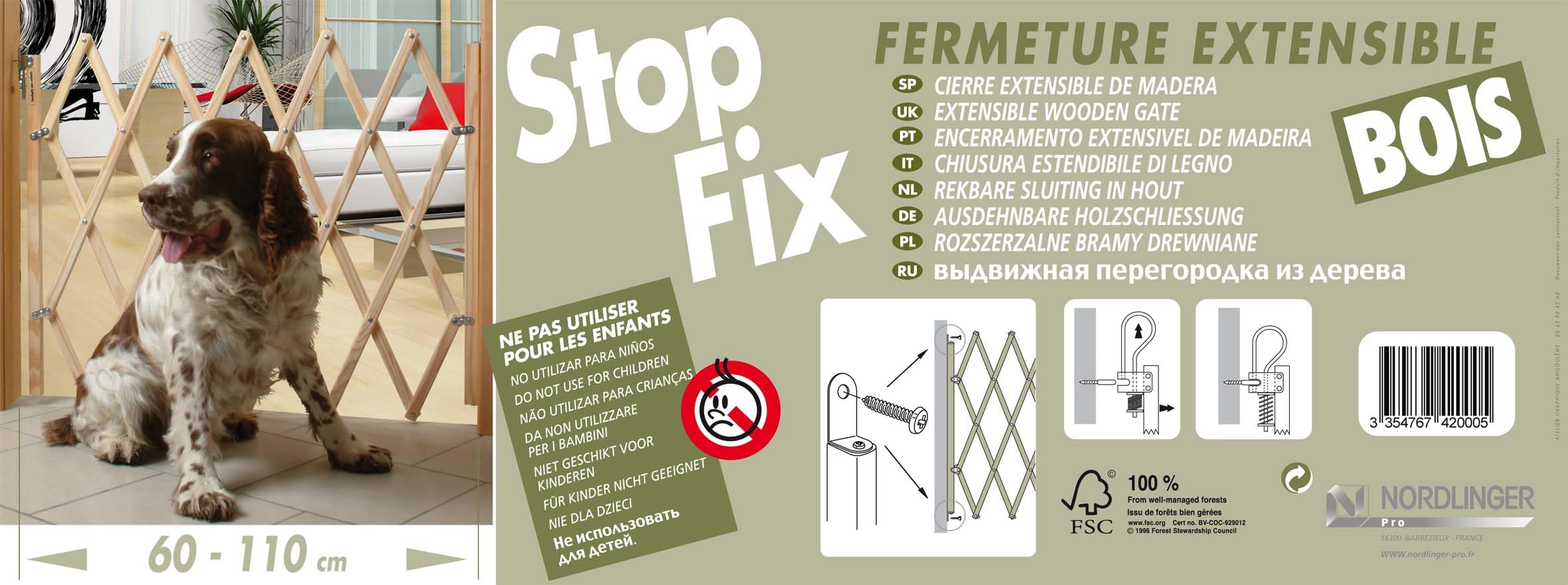 NORDLINGER Pro Barrière Animaux 742000 Stop'Fix - Bois 100% FSC - Extensible 60 à 1m10