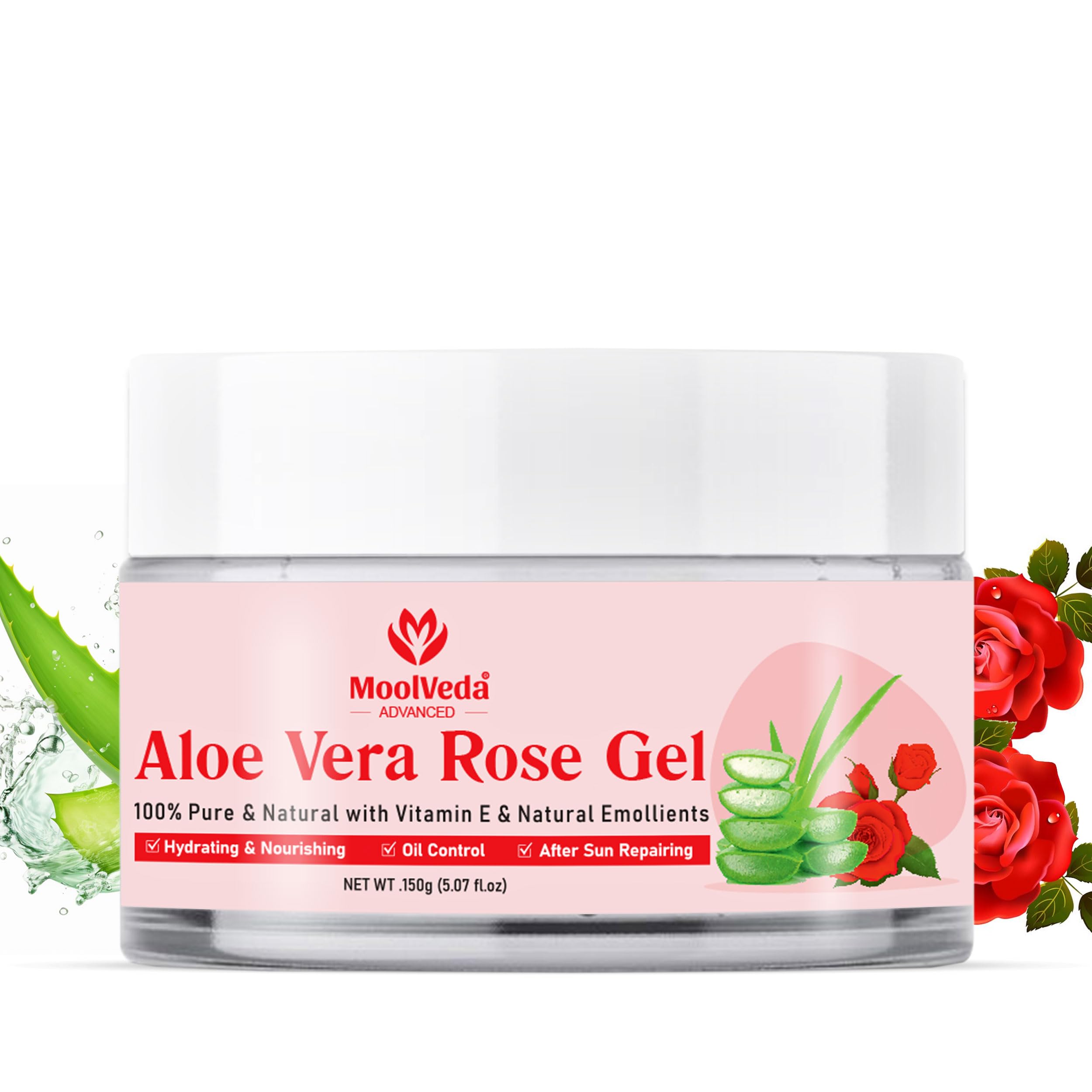 Moolveda Aloe Vera Rose Gel Pure & Natural Moisturizer for Face, Skin & Hair | Hydrating & Soothing Aloe Vera Gel with Rose Extracts | Non-Sticky, Paraben-Free, Suitable for All Skin Types, 150gm