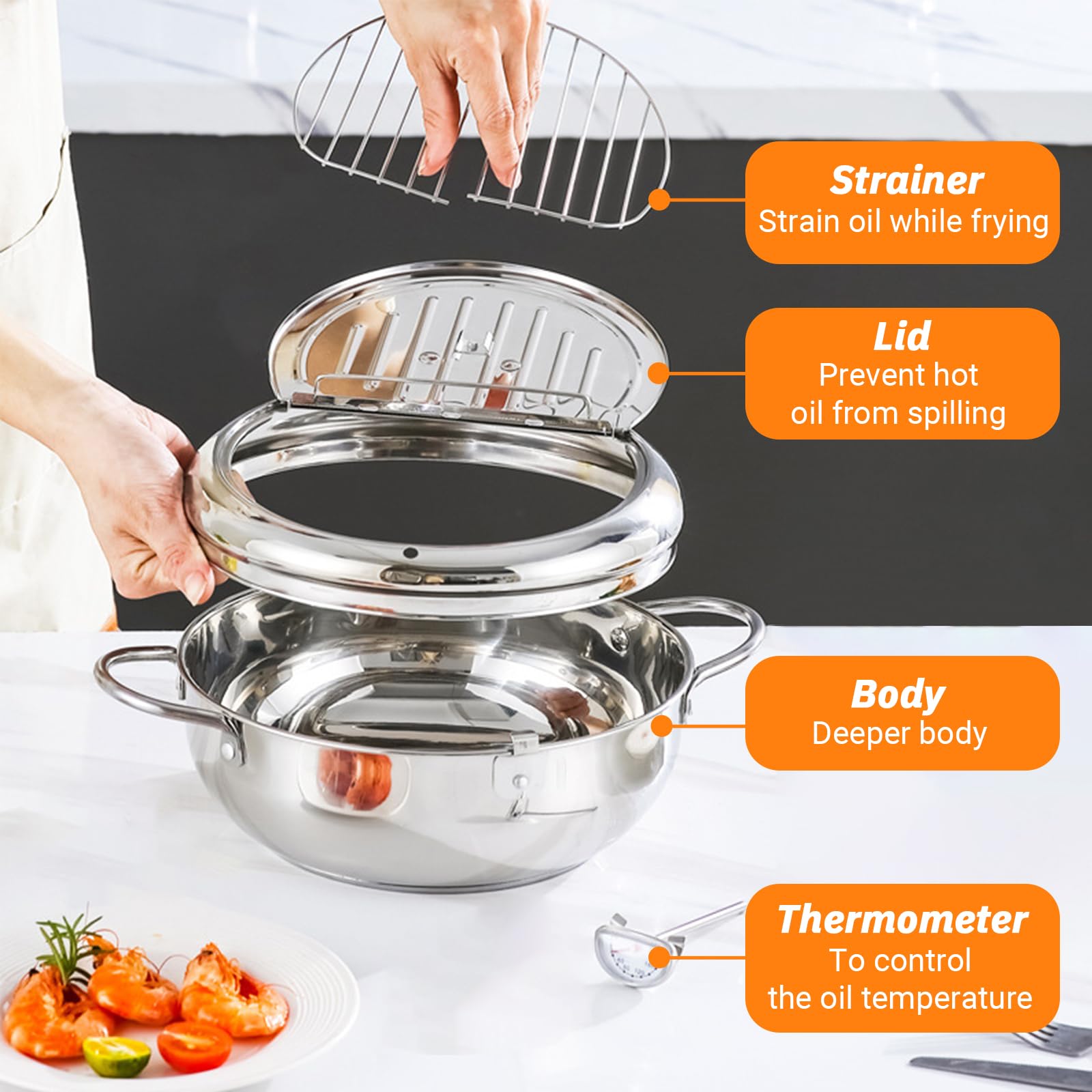 Olla para freidora, olla japonesa con termómetro y escurridor de aceite, olla tempura de acero inoxidable 304 para estufa de gas y cocina de inducción para papas fritas y alas de pollo 3