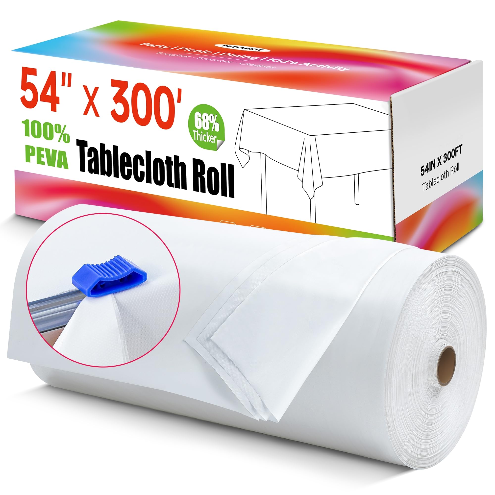 Plastic Table Cover Roll, White Disposable Tablecloth 54IN X 300FT
