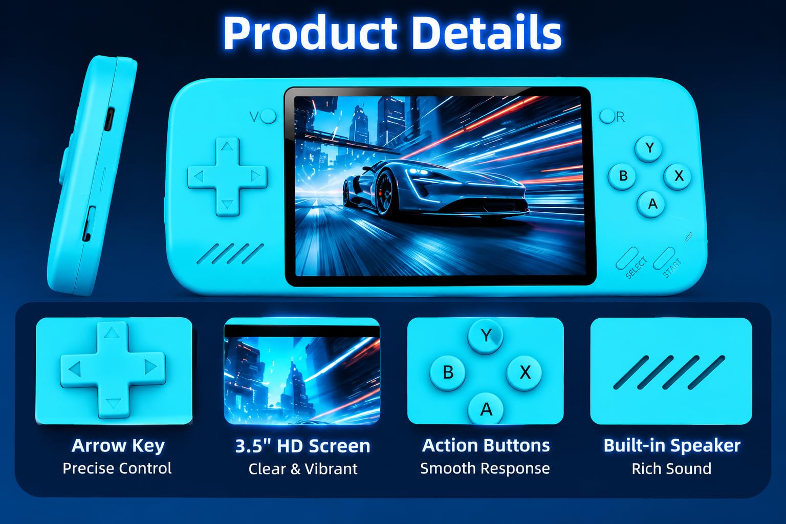 Q35 Console de jeu portable Open Source, écran HD de 3,5", stockage 64 Go, batterie rechargeable 4000 mAh, support de contrôleur, console de jeu portable pour adolescents et adultes, bleu
