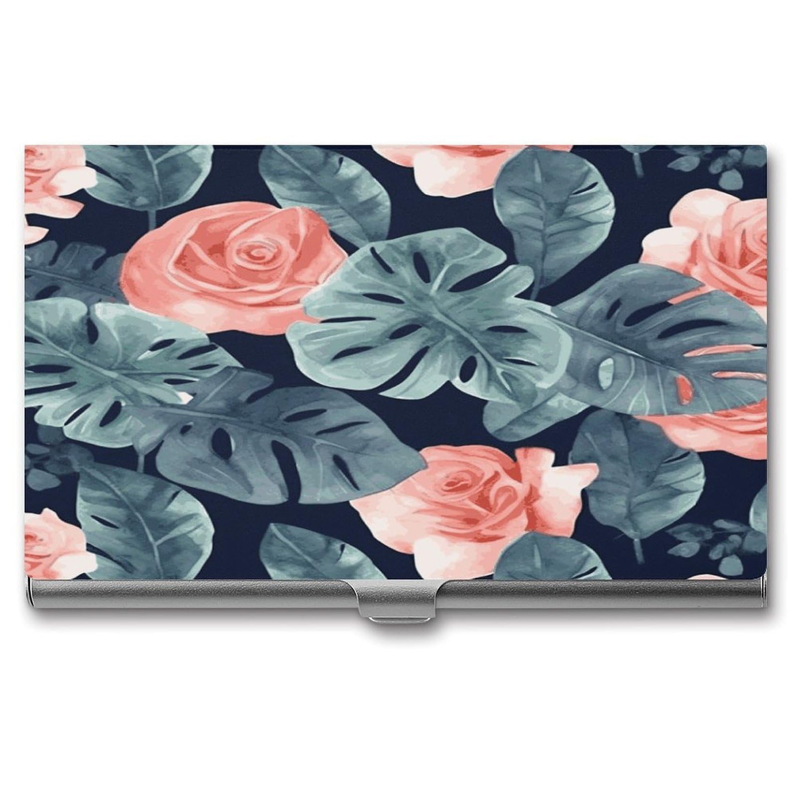 LDGSUPH Watercolor Monstera Pattern Business Card Holder Fashion Slim Name Card Holder Minimalist Design Case Metal Card Carrier Personalized Business Card Case with Flip for Men Women