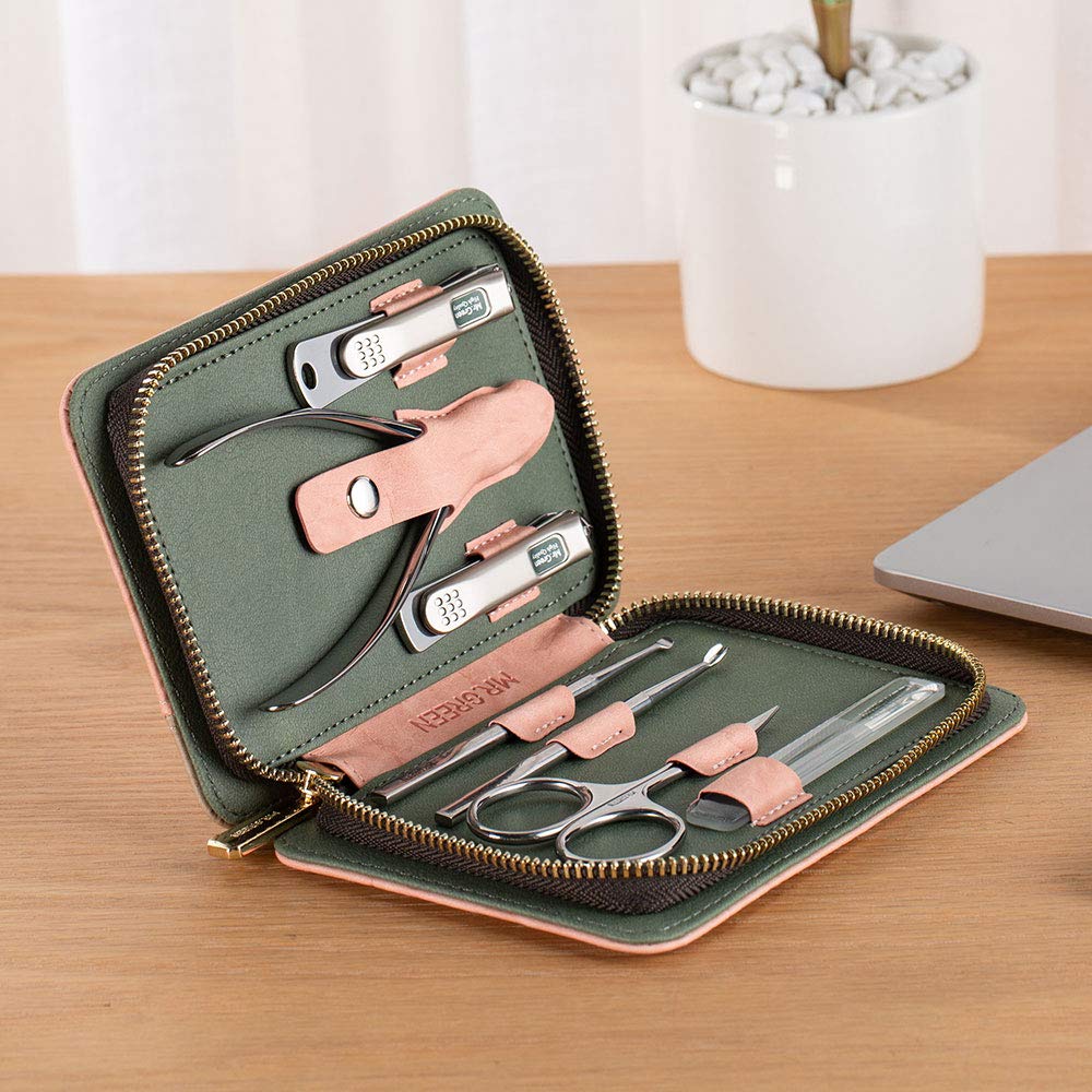 Tagliaunghie Set Professionale, 7 in 1 Manicure e Pedicure Set con Lussuosa Custodia da Viaggio in Pelle Grooming Kit Strumenti, Nail Clippers per Uomo e Donna (Marrone e Rosa)