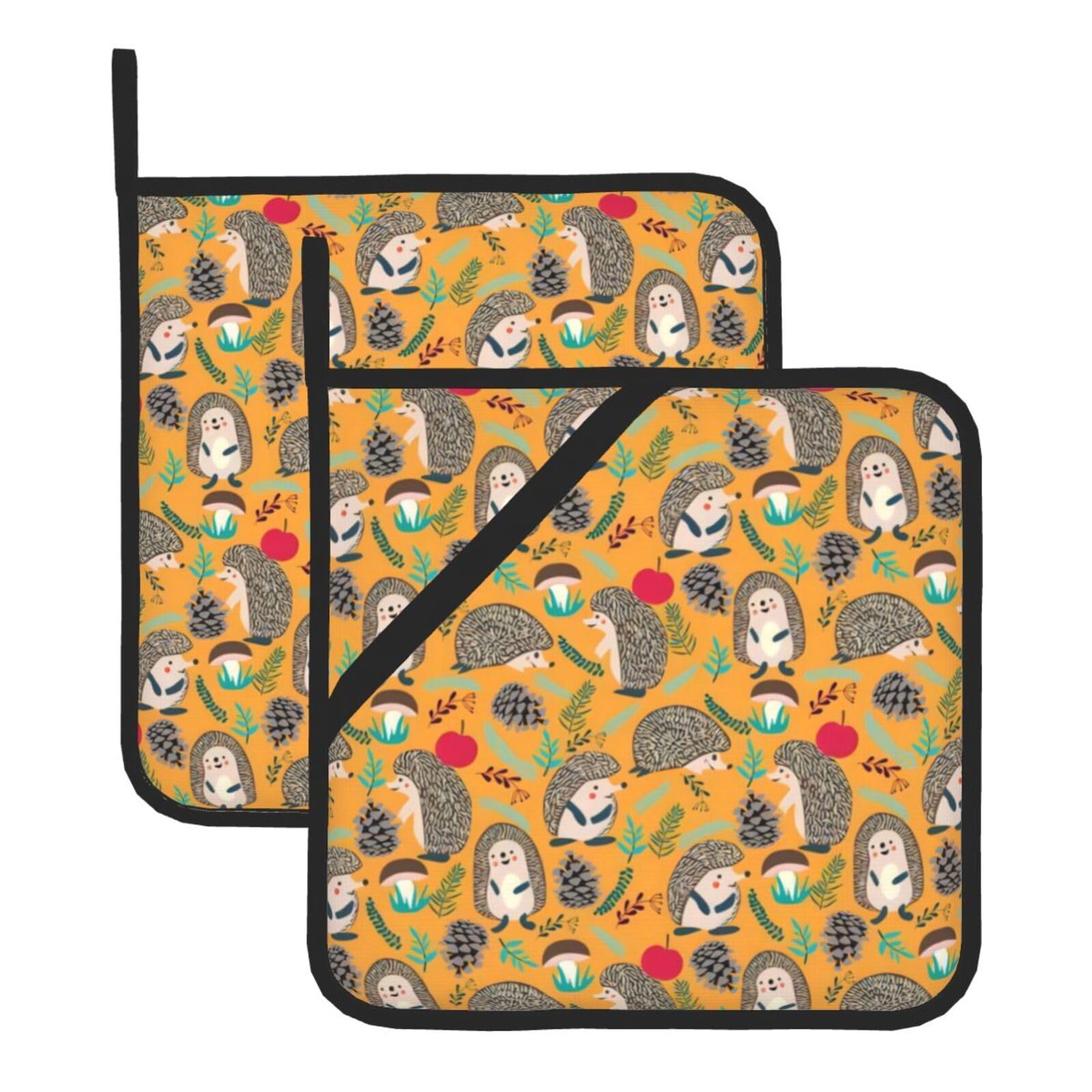 YYHHAOFA Hedgehog Prints Square Hot Pads - Durable Kitchen Covers for Heat Resistance, Waterproof Protection & Easy Cleaning - 2-Pack with Hanging Loops