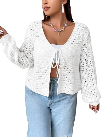 Womens Plus Size Cardigan Hollow Out Open Knit Sweater Ladies Front Tie Shrug, L-4XL
