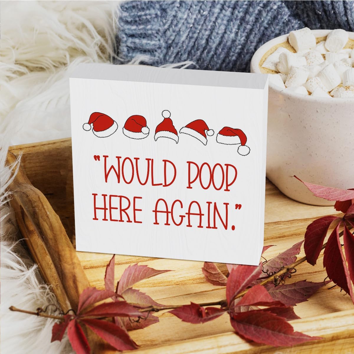 HTBIG Christmas Decor Interesting Bathroom Wod Block Sign Would Poop Here Again 5 Christmas Hatselements Logo Put It on a Bathroom Corner Shelf to Create a More Cheerful Ambiance 5 x 5 Inch image 5