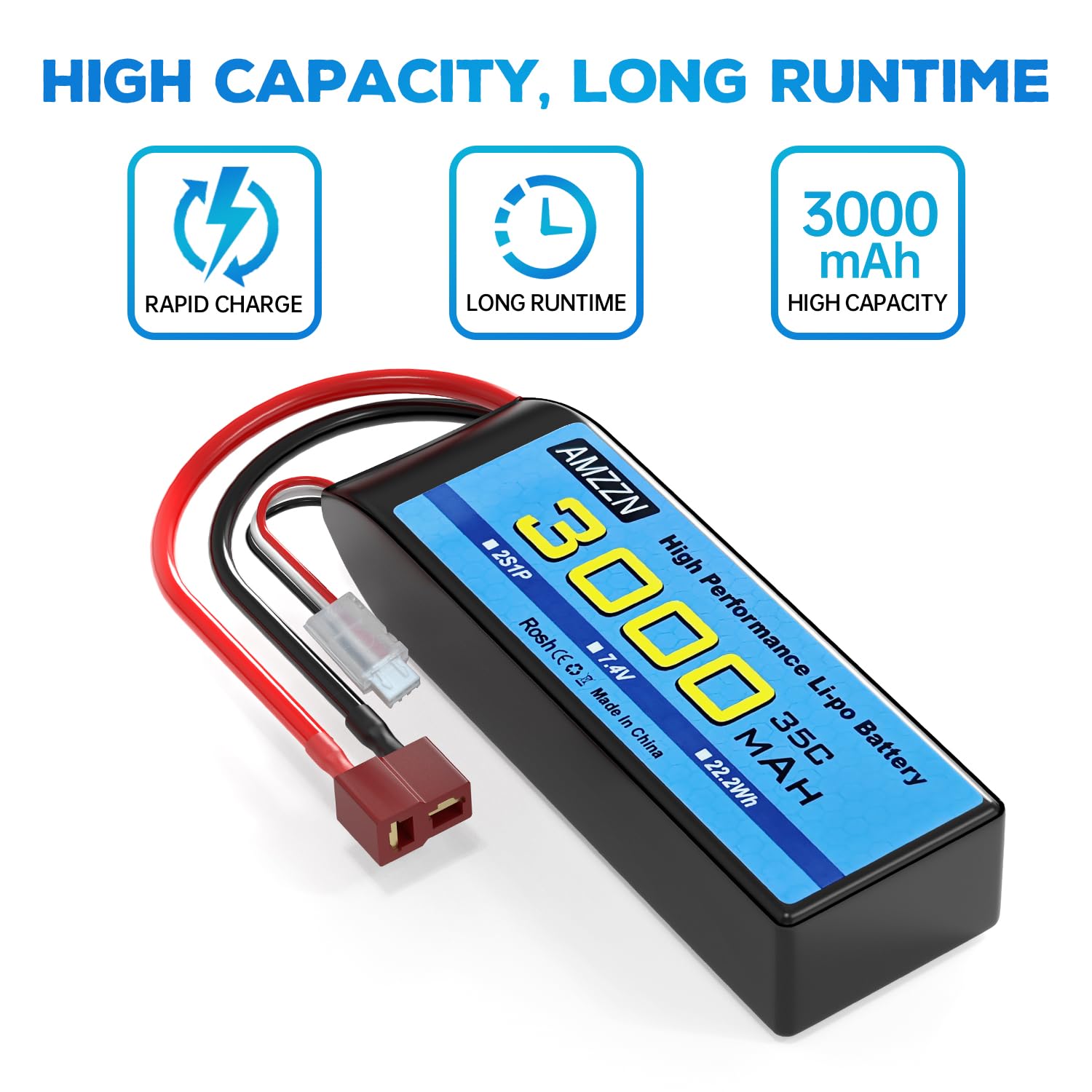 2 Stück 2S T-Stecker Lipo Batterie 7.4 V 3000mAh 35C mit USB-Ladekabel für RC Auto, LKW, Automodelle, ferngesteuerte Schiffe, RC Quad-Rotor, FPV-Drohnenbatterien