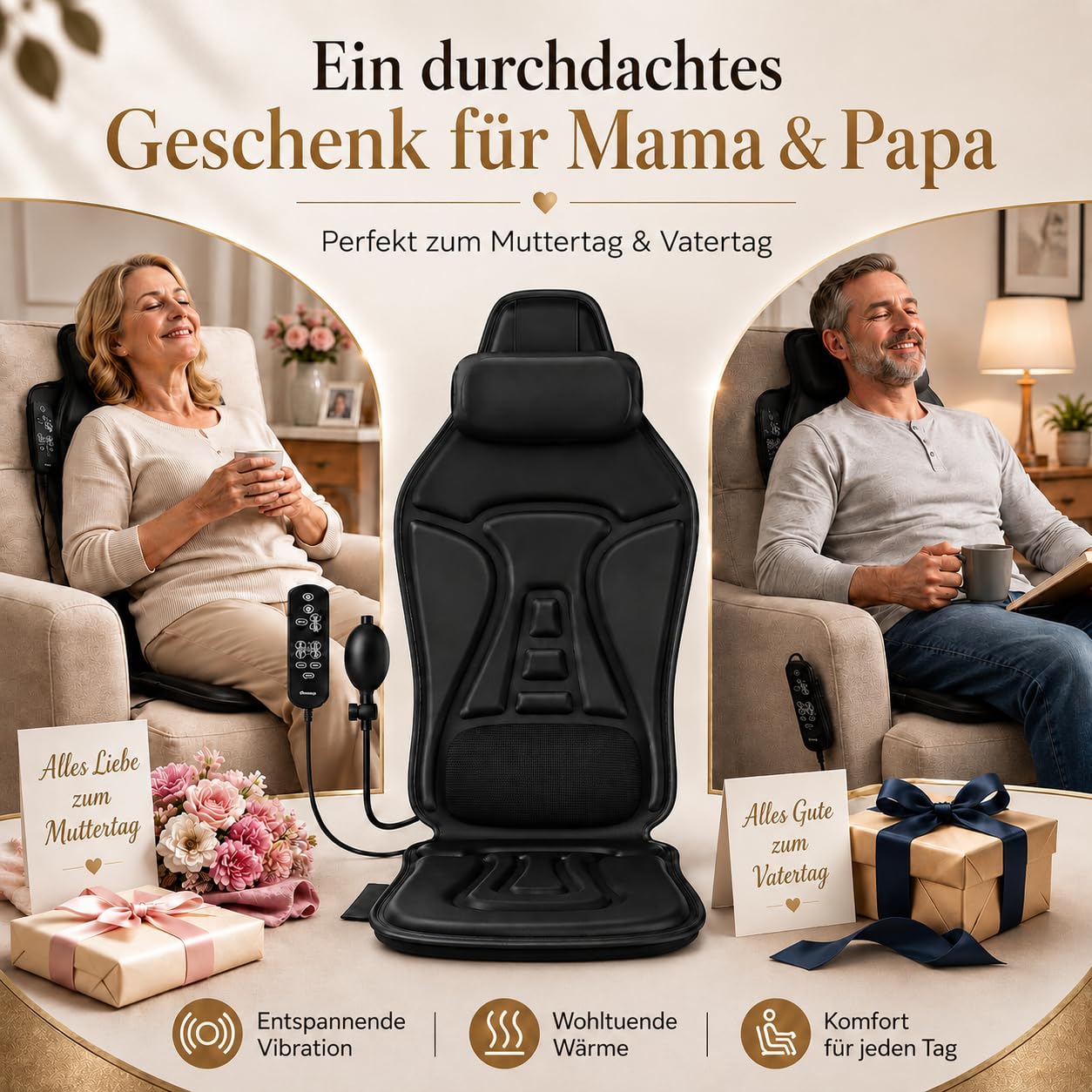 Massagesitzauflage mit Wärme und Kühlen,6 Vibrationsmotoren Massageauflage mit Vibration für Rücken und Nacken,Sitzkissen zur Entspannung,Rückenmassagegerät Hause Büro,Geschenke für Männer/Frauen/Mama