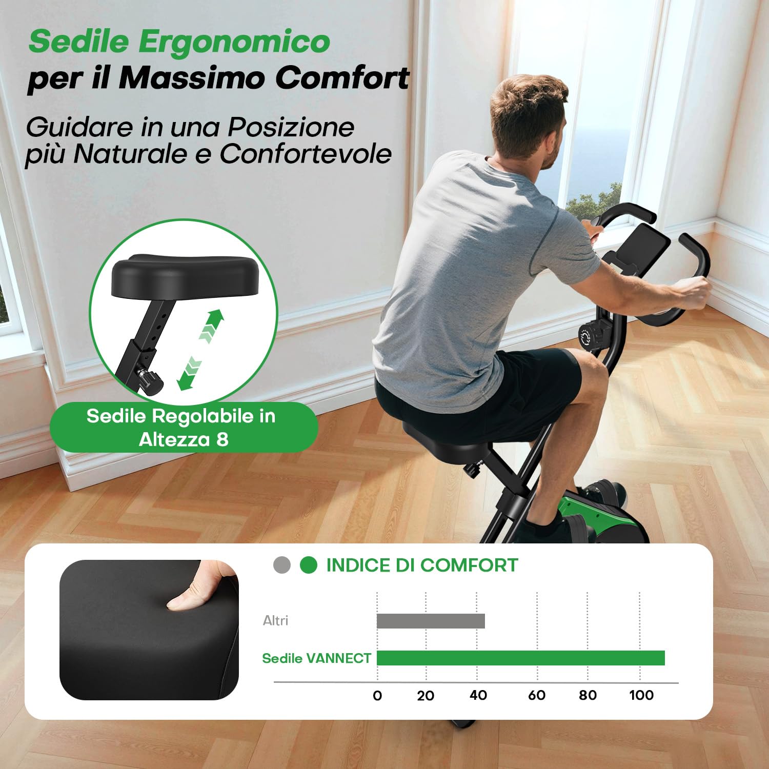 VANNECT Cyclette Pieghevole 3 in 1, Cyclette da Casa con 16 Livelli di Resistenza, Monitor LCD con Misuratore Frequenza Cardiaca, Ergometro Pieghevole con Sedile di Comfort per Casa e Ufficio 150KG