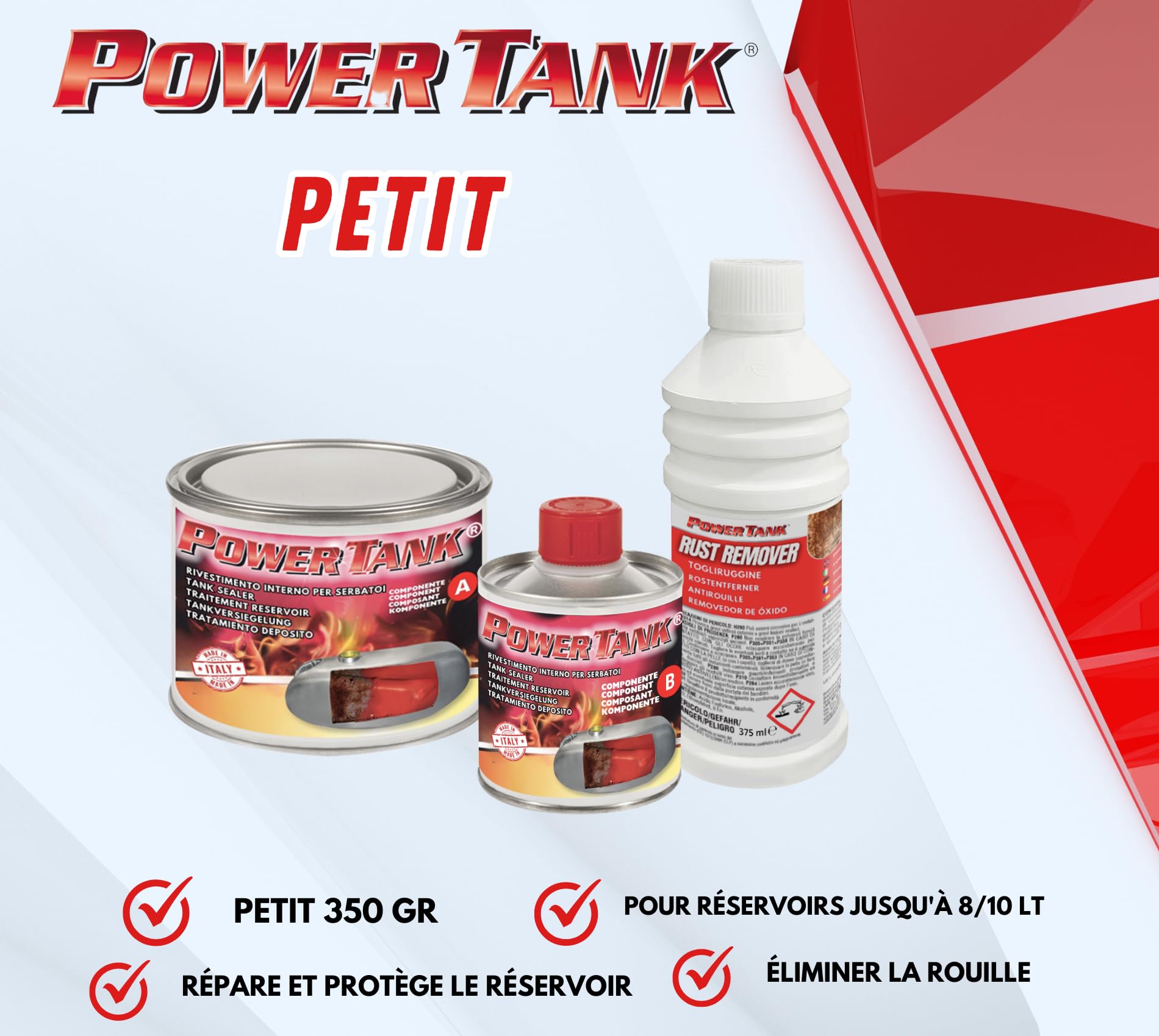Power Tank - Traitement de Réservoir Innovant - pour Réparer, Régénérer et Protéger Les Réservoirs - (Kit Small Rouge 350 GR) - Automobile, Moto, Scooter, Véhicules Vintage Céramique