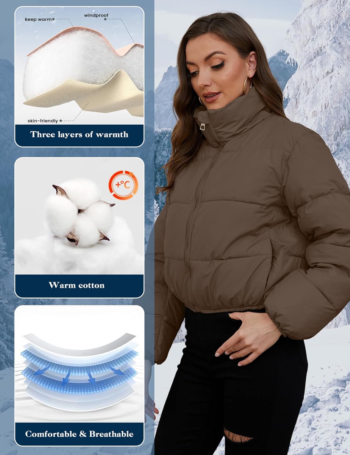 Yimoon Women's Cropped Puffer Jacket Quilted Lightweight Stand Collar Full Zip Short Down Jacket (Coffee-L)
