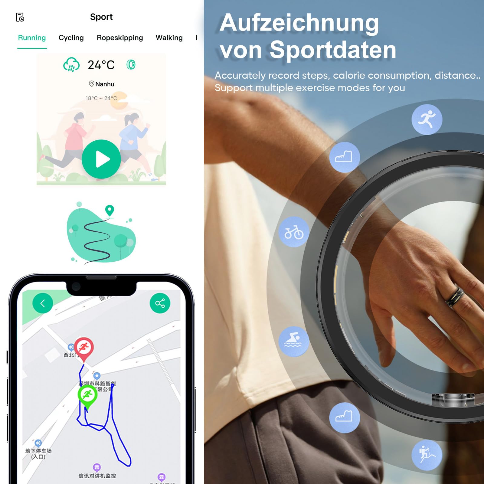 findtime Bague intelligente pour homme - Tracker d'activité Android iOS - Podomètre - Moniteur de fréquence cardiaque - Tracker de santé - Fréquence cardiaque - IP68 - Étanche - Pour homme et femme