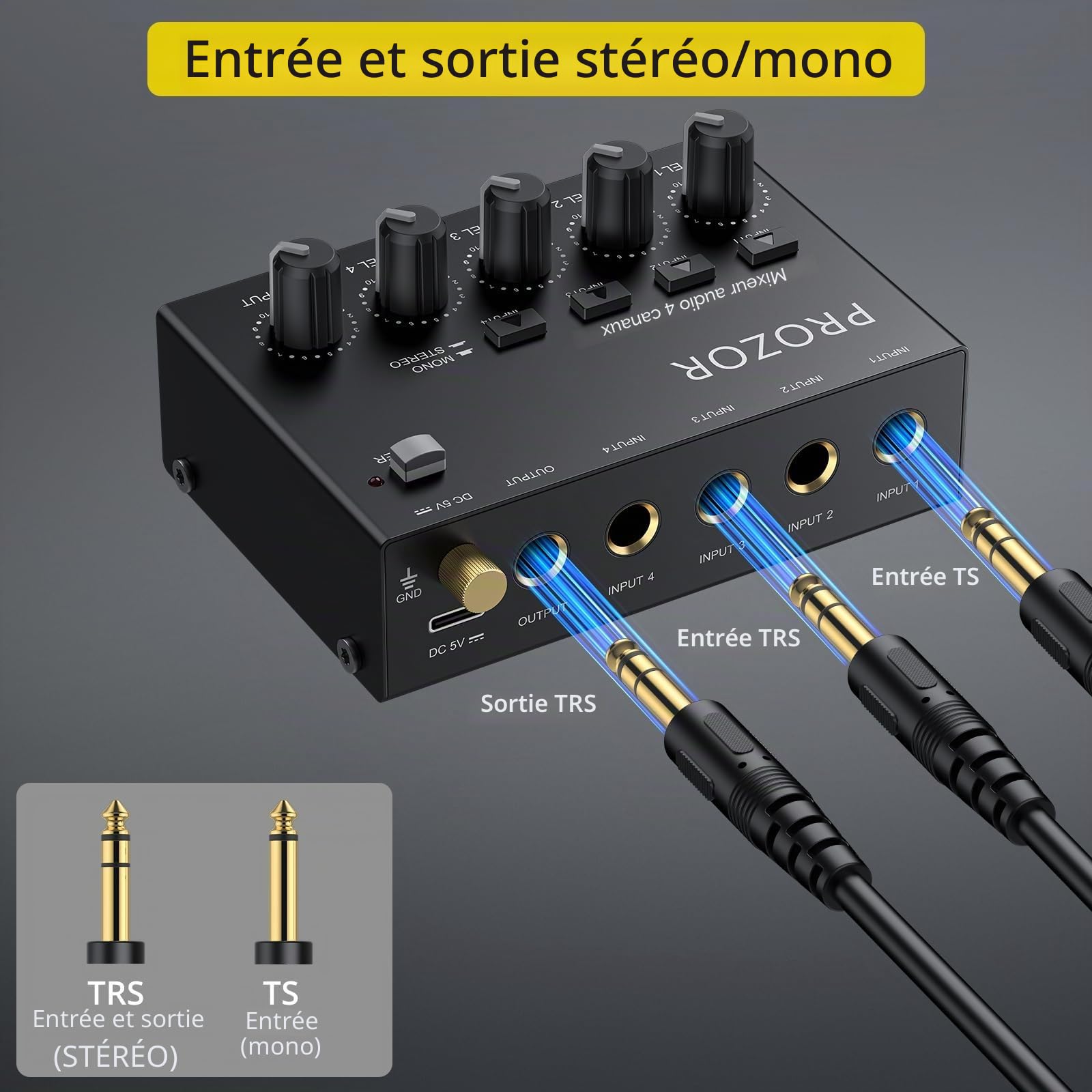PROZOR Mélangeur Audio 4 Canaux 6.35mm Contrôle Volume Indépendant + Switch Mono/Stéréo USB-C Interrupteur Marche/Arrêt Boîtier Métallique Ultra-Faible Bruit Pour Home Studio Guitare Clavier Micro