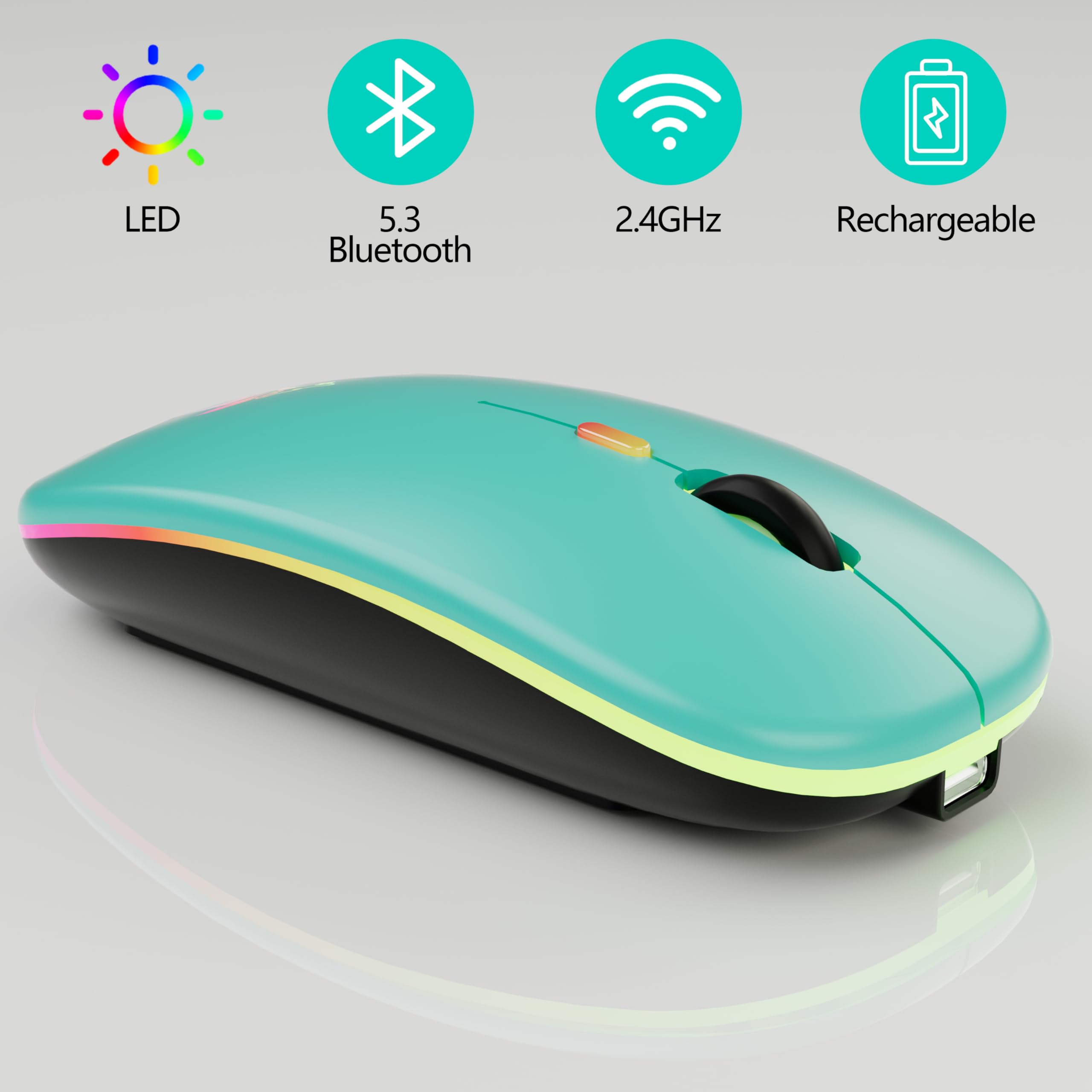 TQQ Mouse wireless ricaricabile, mouse retroilluminato a 7 colori con mini ricevitore USB da 2,4 GHz, mouse gaming, compatibile con laptop, PC, computer, Chromebook, Notebook e iPad Etc