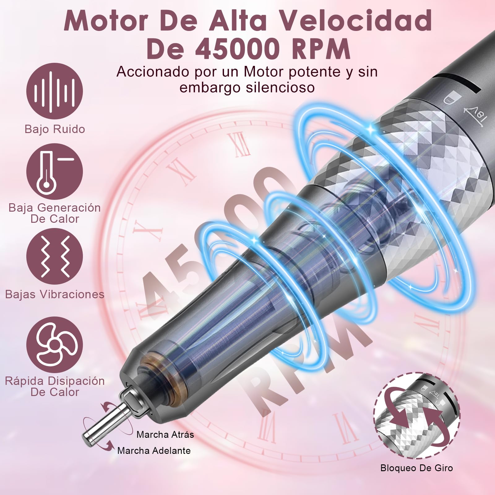 Dreamhigh® Torno para Uñas Profesional 45 000 RPM, Lima Eléctrica Uñas, Fresa para Uñas, Kit de Lima de Uñas Portátil, Manicura y Pedicura, Taladro Eléctrico para Retirar Gel/Esmalte, Rosa