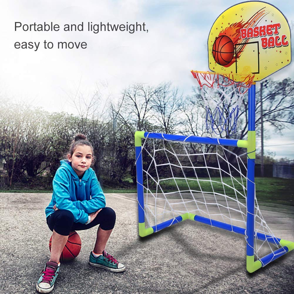 VGEBY Set di Pallacanestro da Calcio, 2 in 1 Porta da Calcio e Stand da Basket per Bambini Altri Giocattoli da Esterno per Bambini