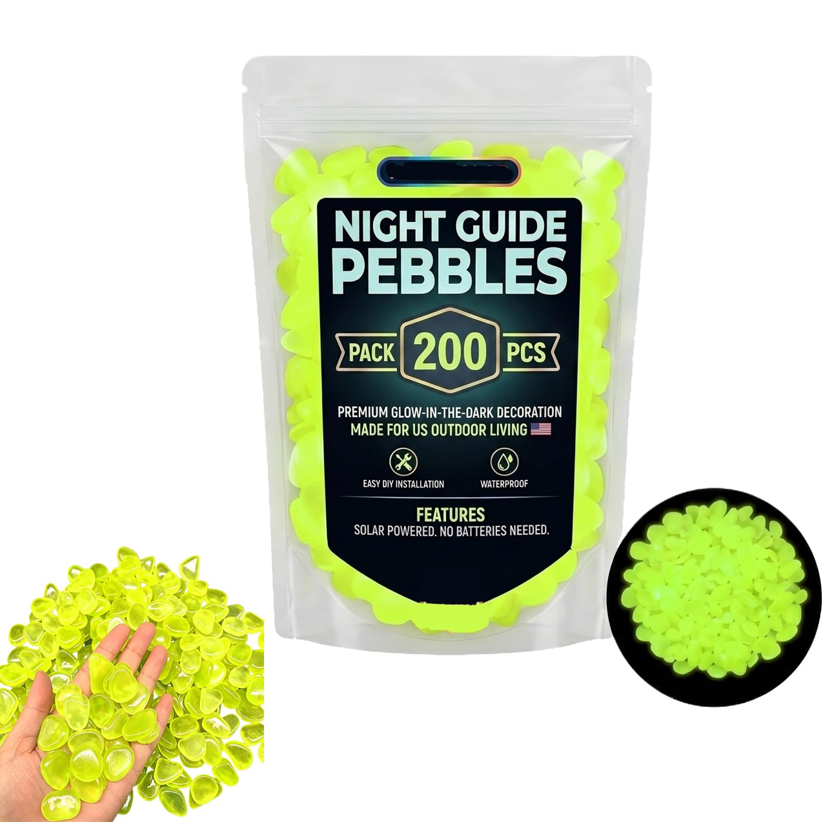 Glow in the Dark Garden Pebbles, 200/400/600/1000Pcs Luminous Stones, Night Guide Pebbles Glow in the Dark Stepping Stones | Glowing Rocks For Garden Outdoor For Patio Lawn Yard (Yellow, 200PC)