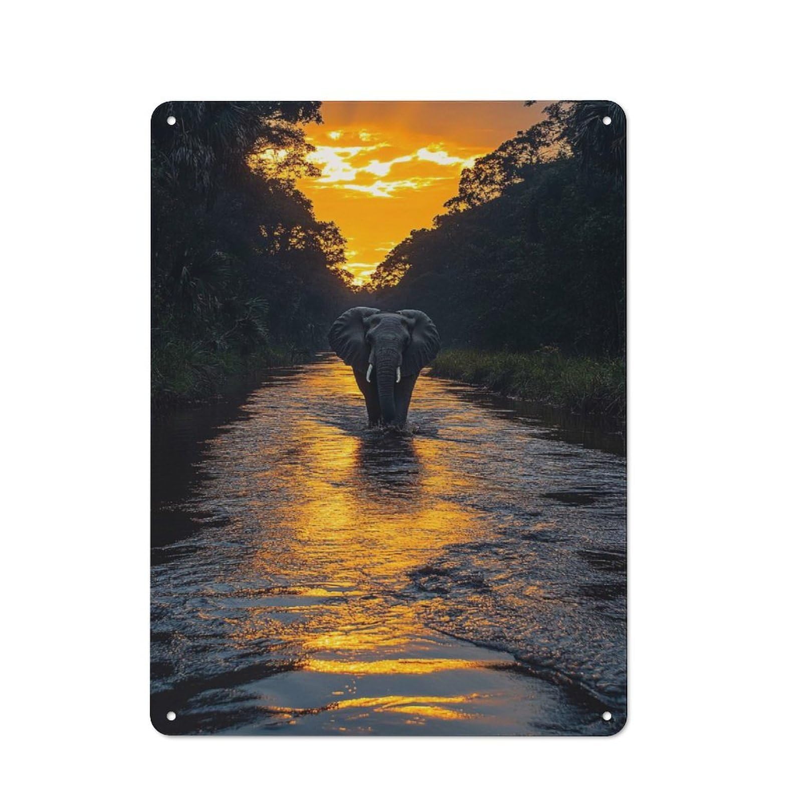 Classic Elephant Crossing River at Sunset Metal Sign 40x30cm, Classic Pub Decor for Diner, Restaurant, Shed Or Kitchen