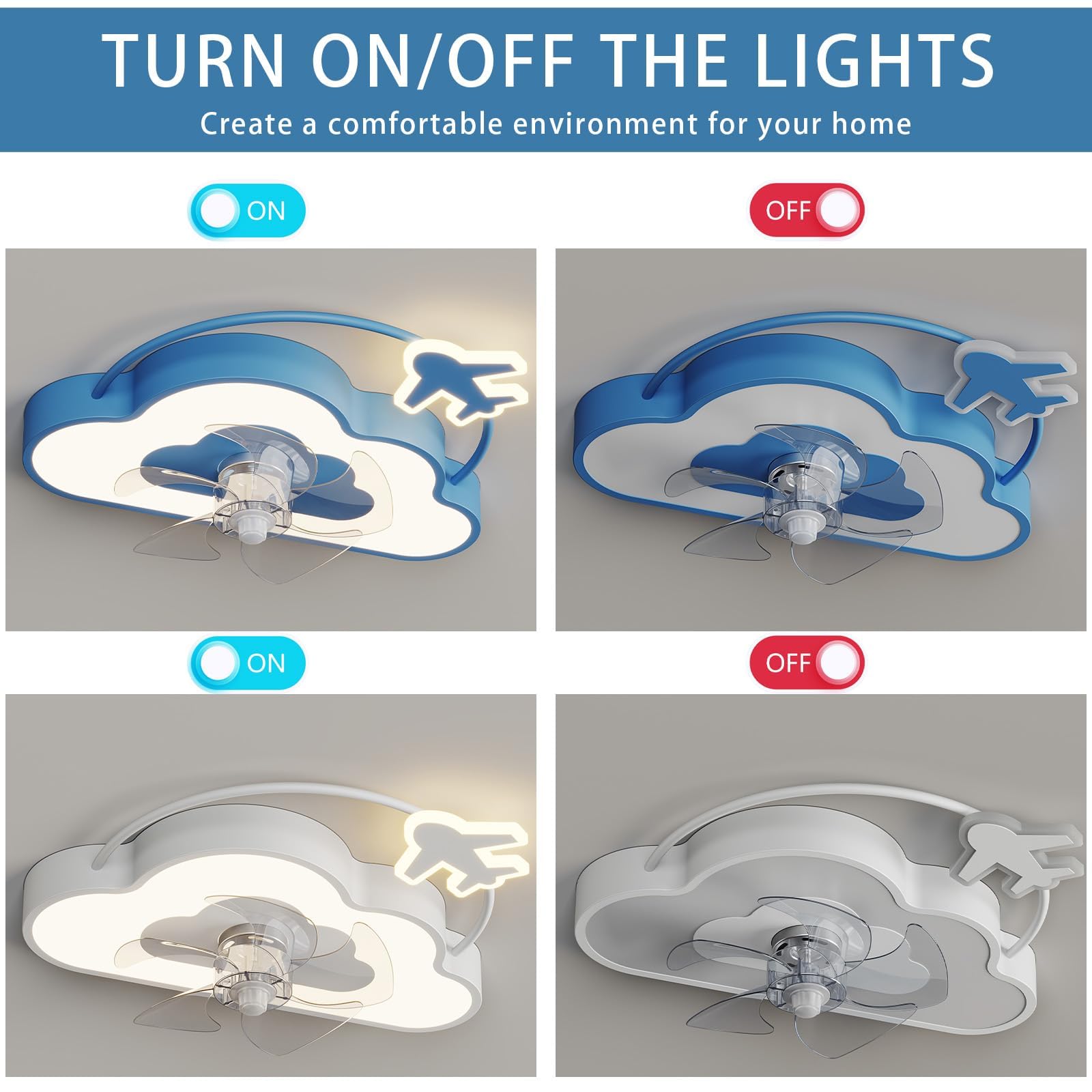 Wentylator sufitowy LED Light， Dziecięcy wentylator sufitowy z lampą w kształcie gwiazdy, ściemnialny, sterowanie za pomocą pilota, 6-biegowy timer, niebieski, 18,7 cala