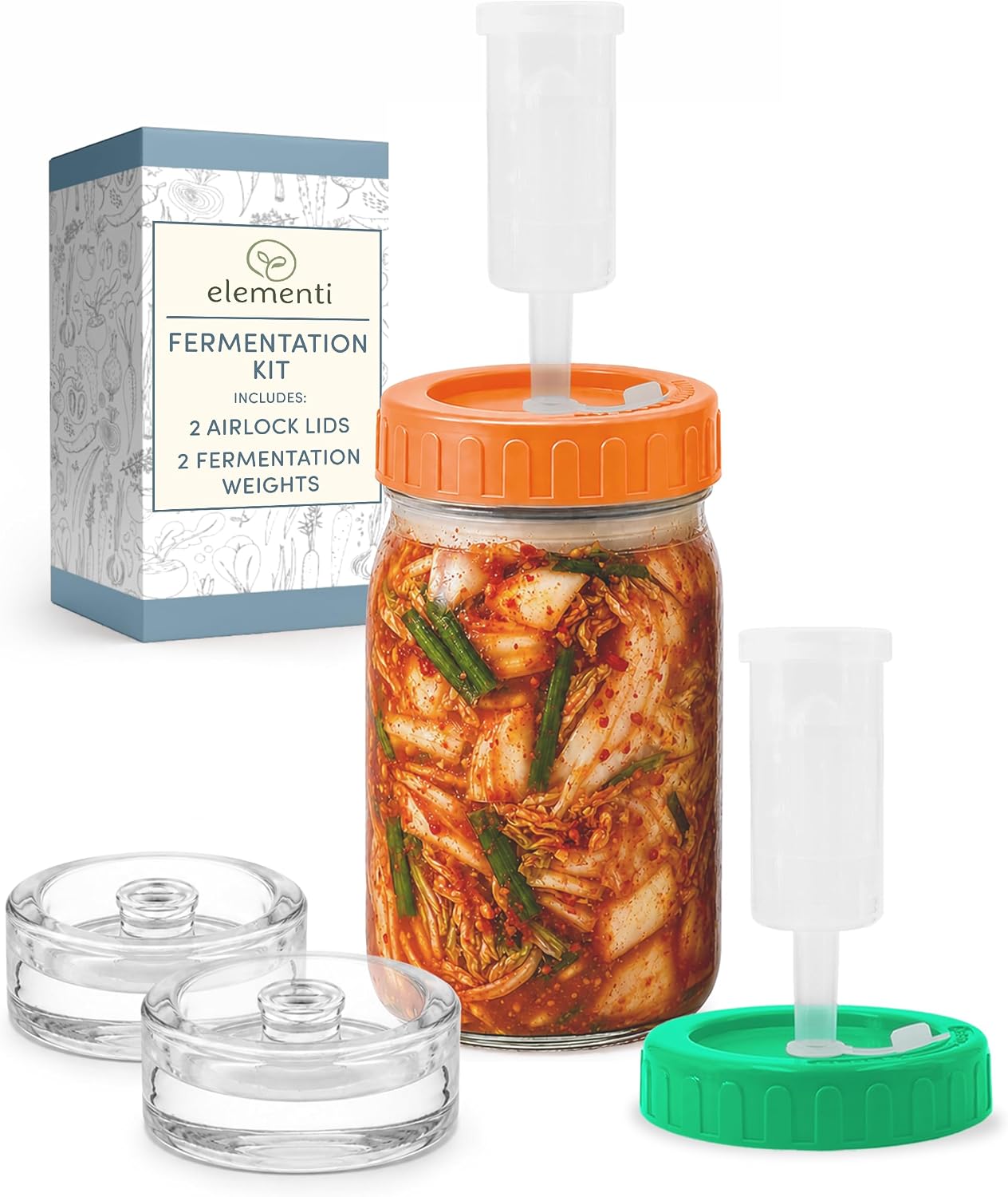 Elementi Fermentation Kit - Set of 2 Glass Fermenting Weights and Mason Jar Fermentation Lids for Wide Mouth Mason Jars - Sauerkraut & Pickling Kit - Make Perfect Kimchi Pickles & Sauerkraut at Home