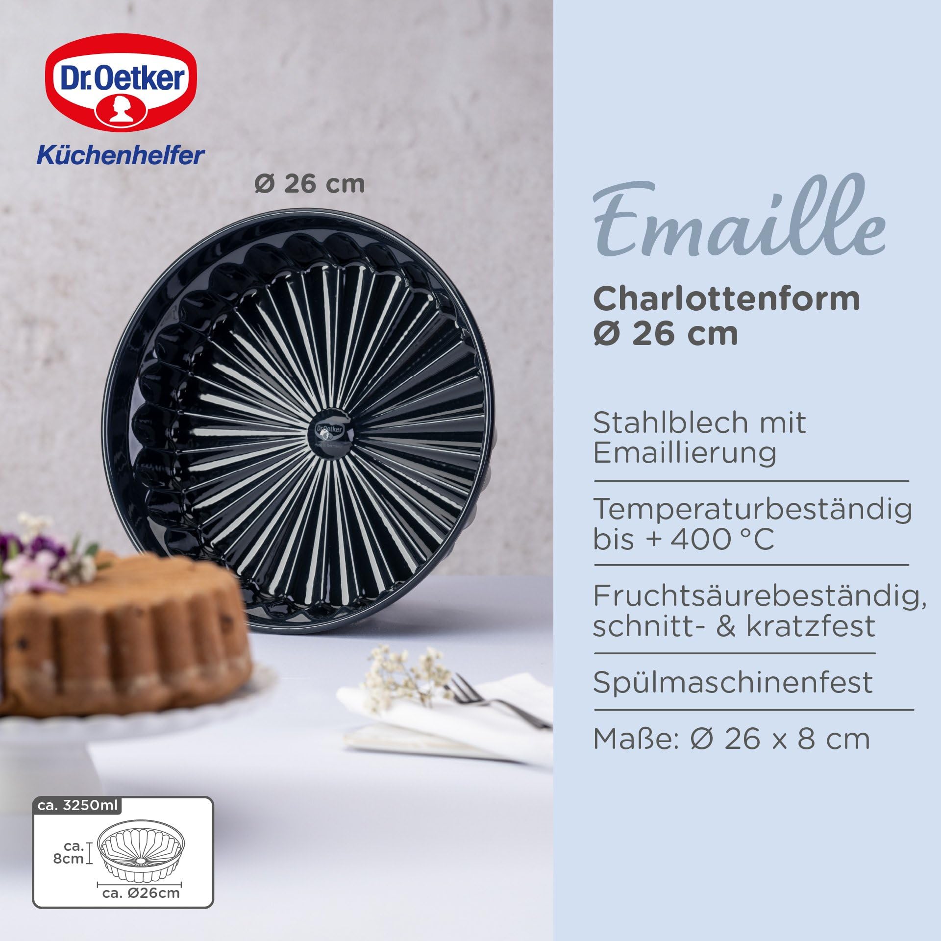 Dr. Oetker Forma do pieczenia Charlotten Back-Liebe emalia Ø 28 cm – wysokiej jakości emaliowana powłoka, odporna na przecięcia i zarysowania, oceaniczna, nadaje się do mycia w zmywarce, forma do