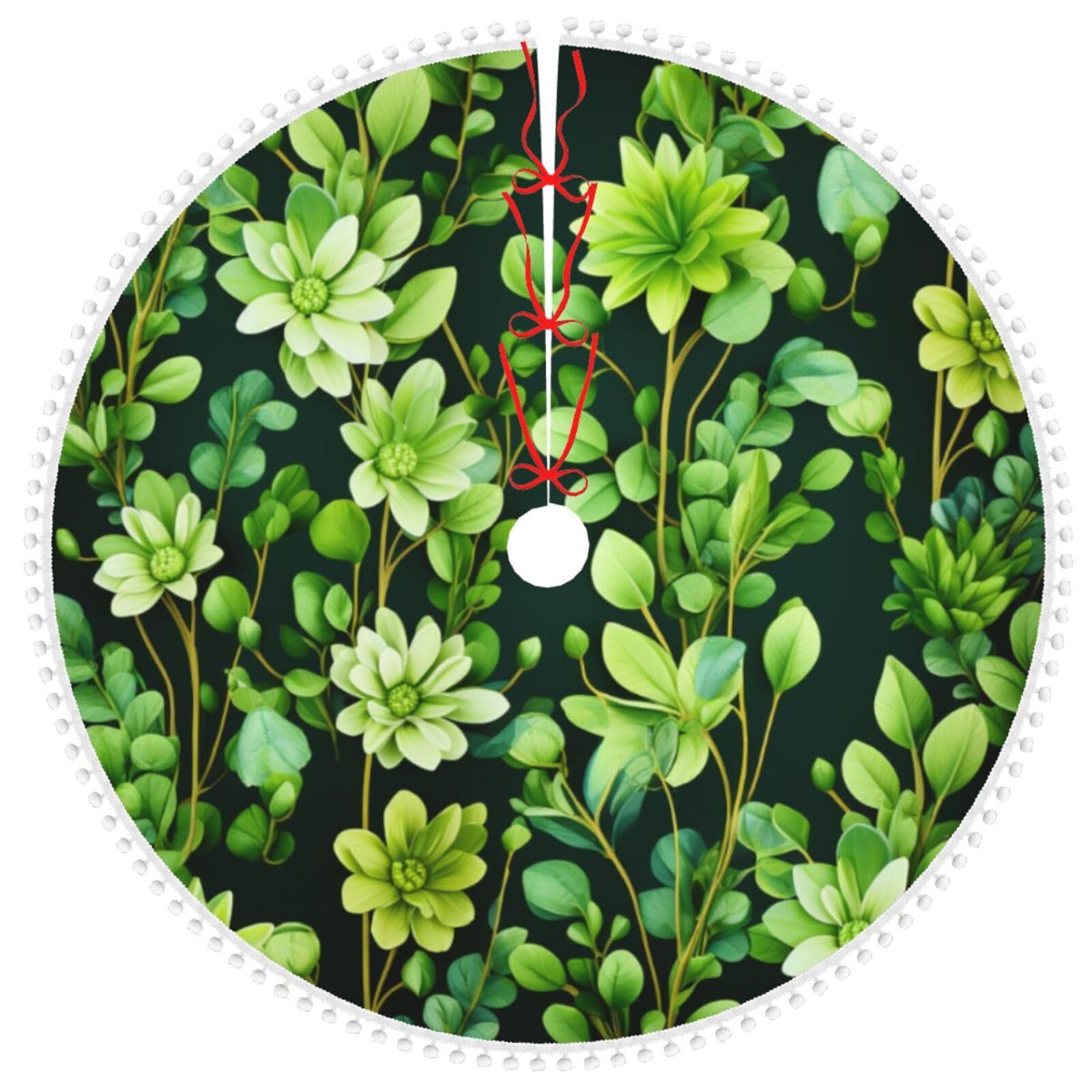 Tapis de sapin de Noël rustique de 122 cm avec motif floral vert et pompons