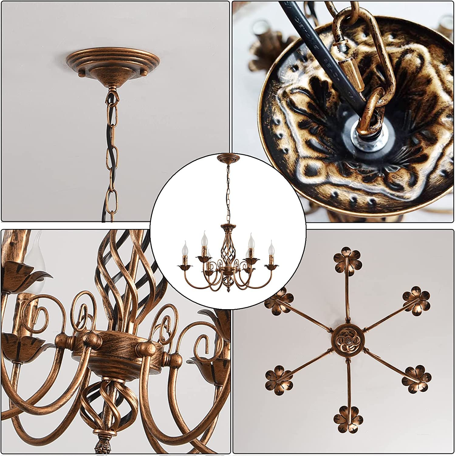 Kronleuchter im Traditionellen Landhausstil, Bronze Vintage Höhenverstellbarer Kerzenleuchter aus Schmiedeeisen,6 Lichter Deckenlampe Bauernhaus Pendelleuchte für Wohnzimmer Küche Esszimmer