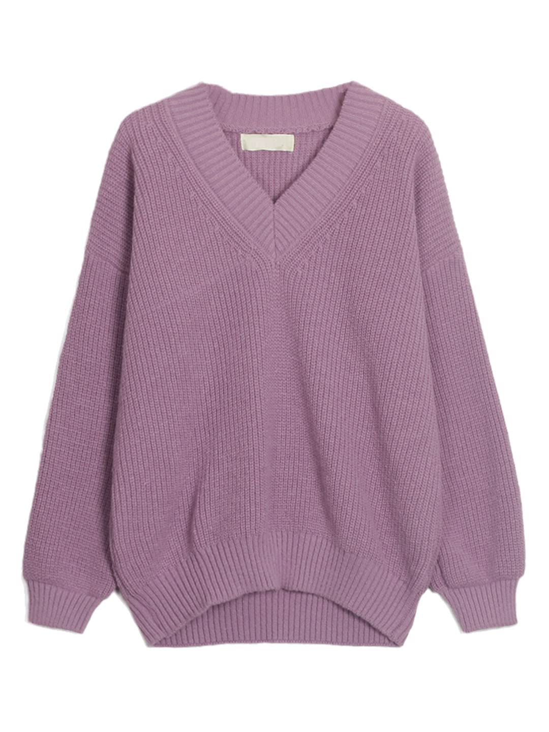 Damski sweter z dekoltem w serek ciepły gruby luźny sweter solidny sweter na co dzień top, Fioletowy, S