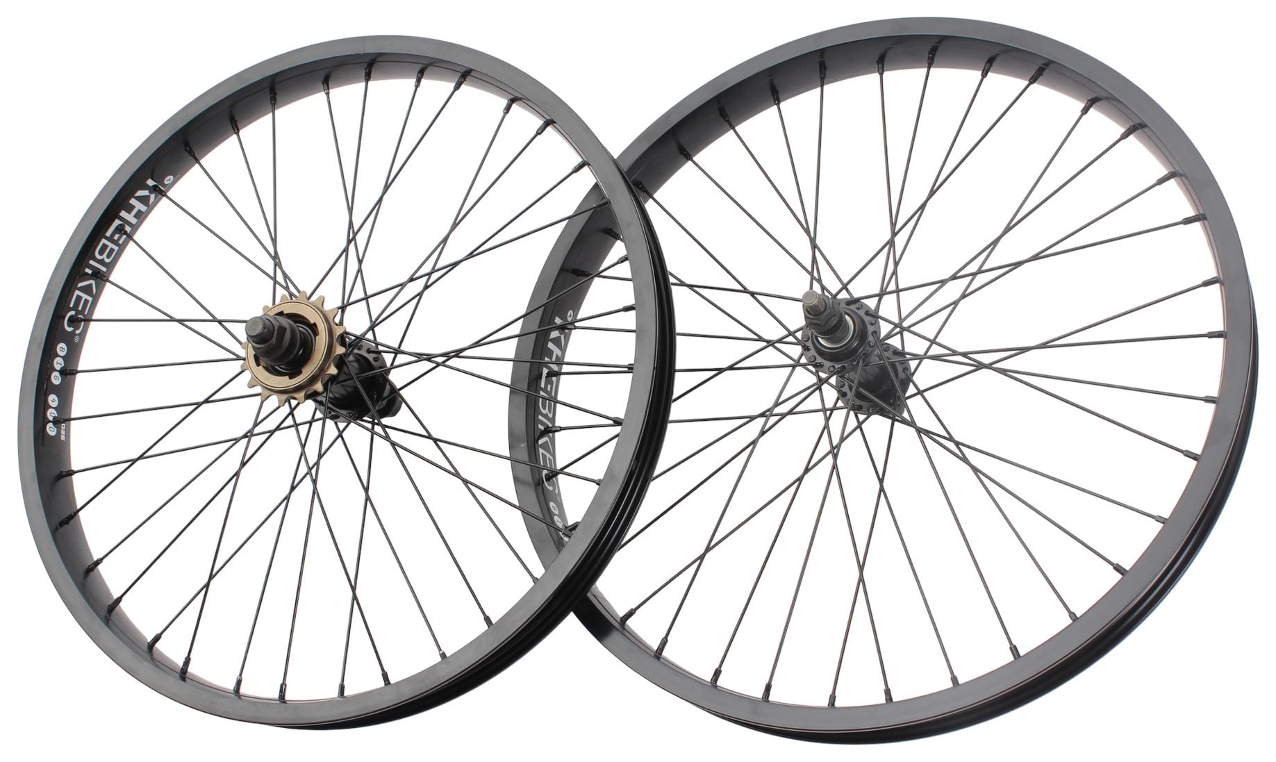 KHE Prism BMX zestaw kół 20 cali – czarny – przednie i tylne koło – oś 14 mm/10 mm – wolne koło 16T – 36H – 7005 aluminiowe felgi