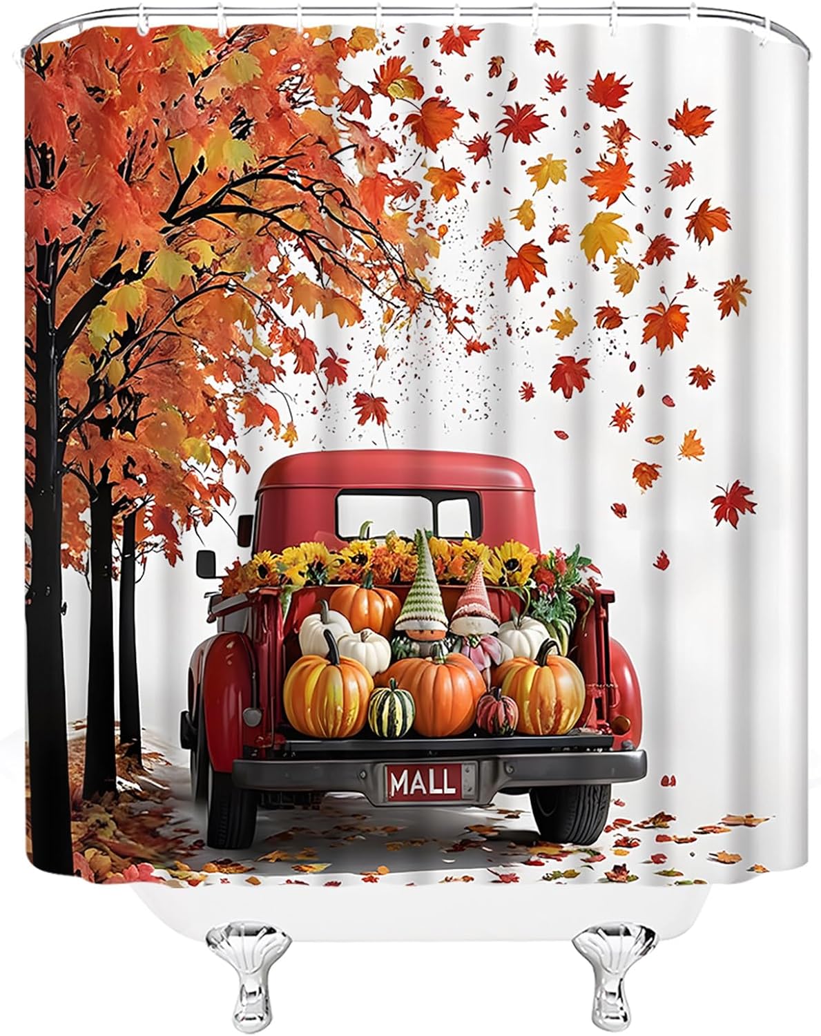Fall Thanksgiving Shower Curtain Autumn Waterfaolor Maple Tree Leaves Retro Red Truck Pumpkin Sunflower Rustic Farmhouse 70" WX96 H Bathroom Decor Fabric Curtain with Hooks