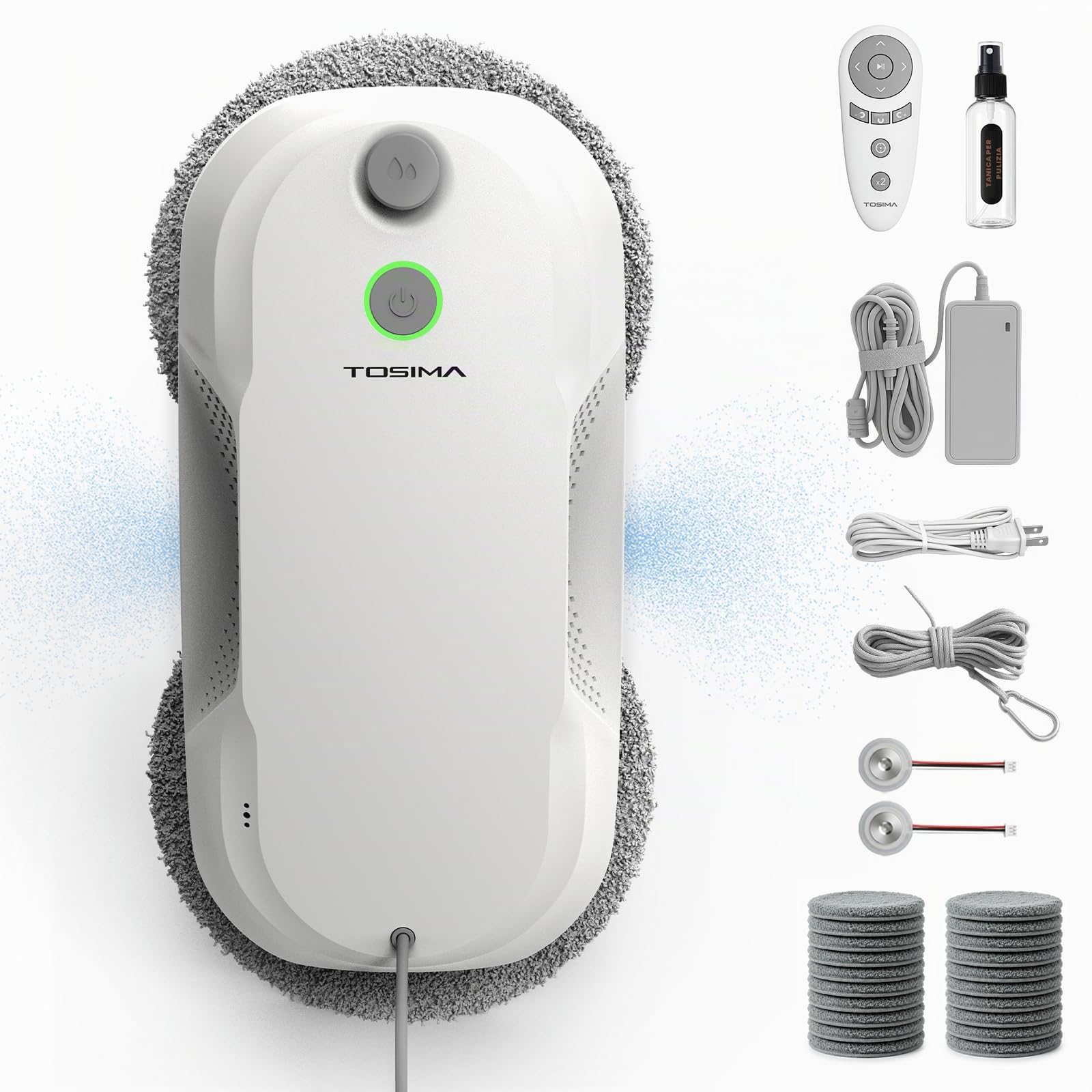 Tosima W5 Pro 6400 Pa Robot Lavavetri, Doppia Spruzzatura ad Ultrasuoni, Pulitore Automatico per Vetri, Telecomando, 20 Panni in Microfibra(Blanco)