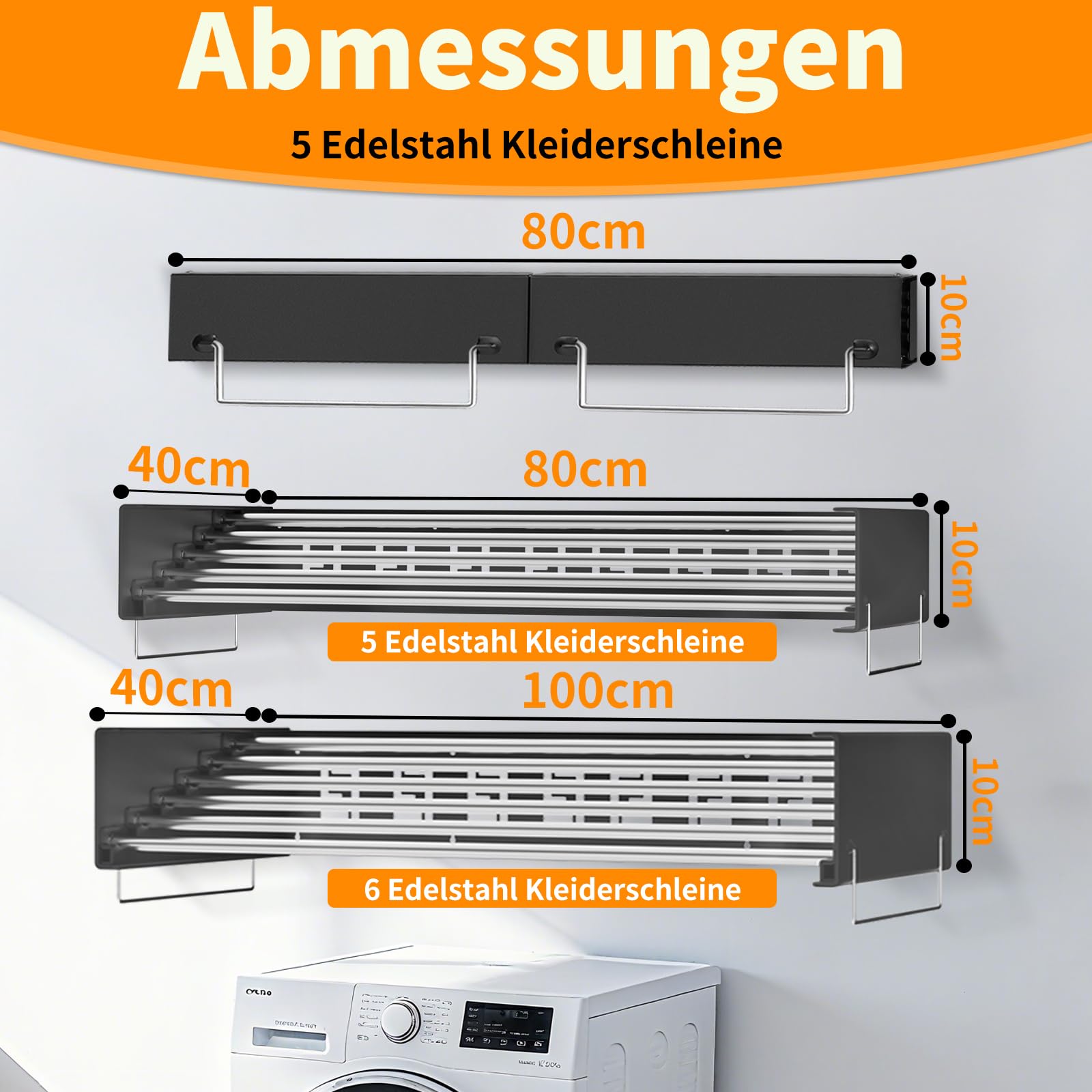 Wäscheständer Wandmontage, 80CM Klappbarer Wandtrockner mit Fünf Edelstahl-Kleiderstangen, Wäscheständer Wand mit 4M Trockenlänge, 25 KG Tragkraft,für Drinnen oder Draußen (Schwarz)