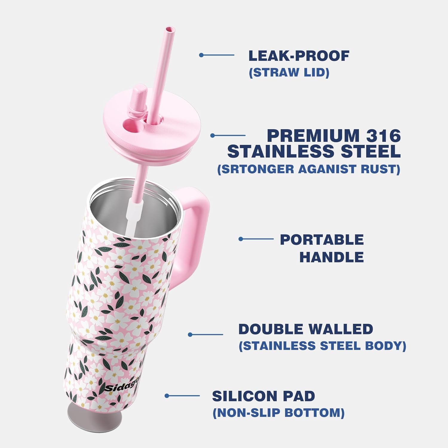 40 oz Stainless Steel Tumbler with Handle, Insulated Coffee Travel Mug, Resuable Spill Proof Water Bottle for Women, Flower - Image 3