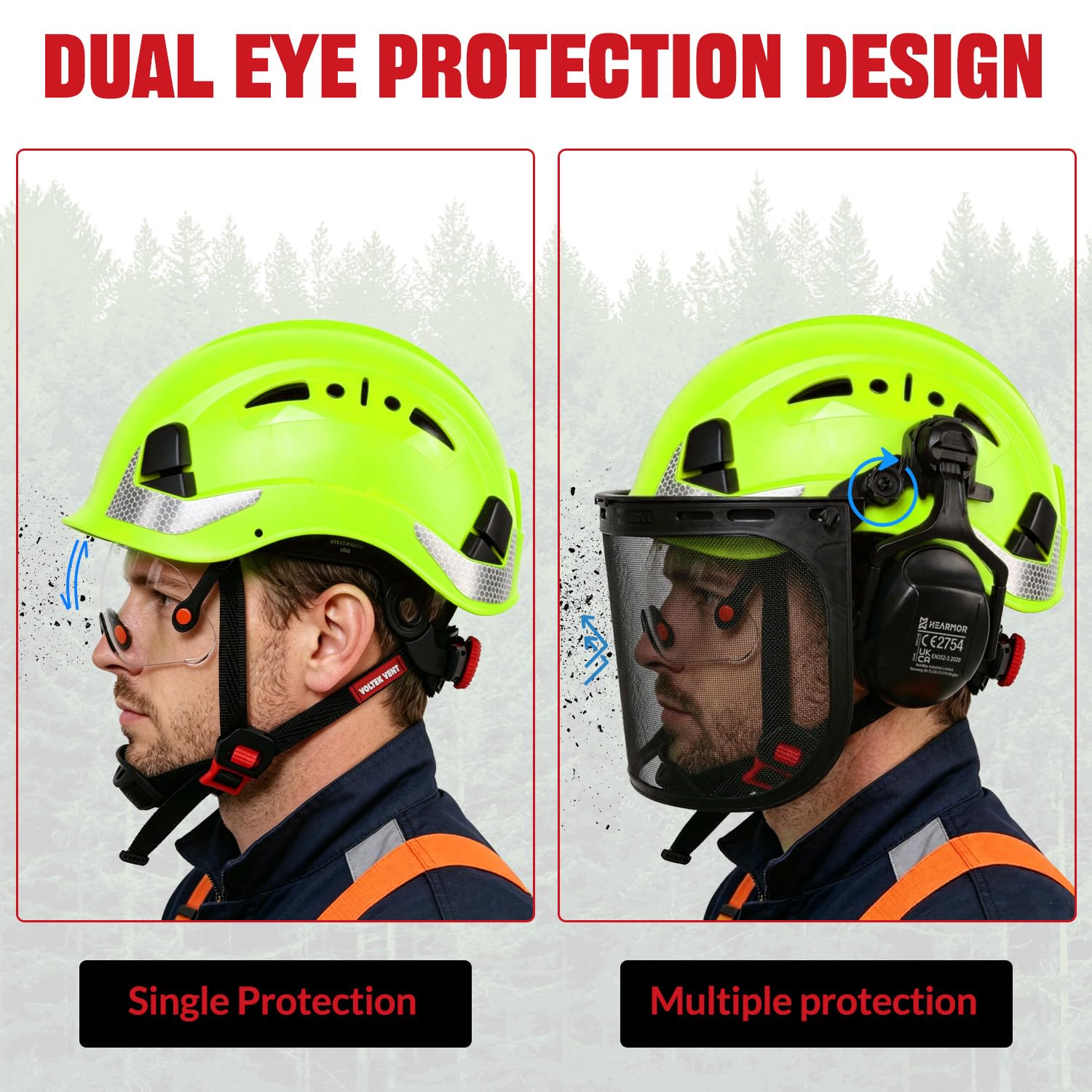 HEARMOR VOLTEK Casque de sécurité forestière en ABS avec visière de sécurité intégrée, protection complète de la tête, des yeux, du visage et de l'ouïe, design ventilé confortable et résistant aux