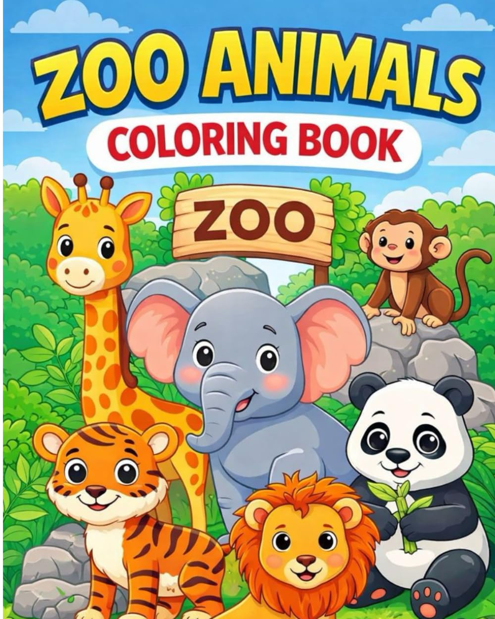 Zoo Animals coloring book: Cute and Easy Coloring Pages for Kids Ages 2–6