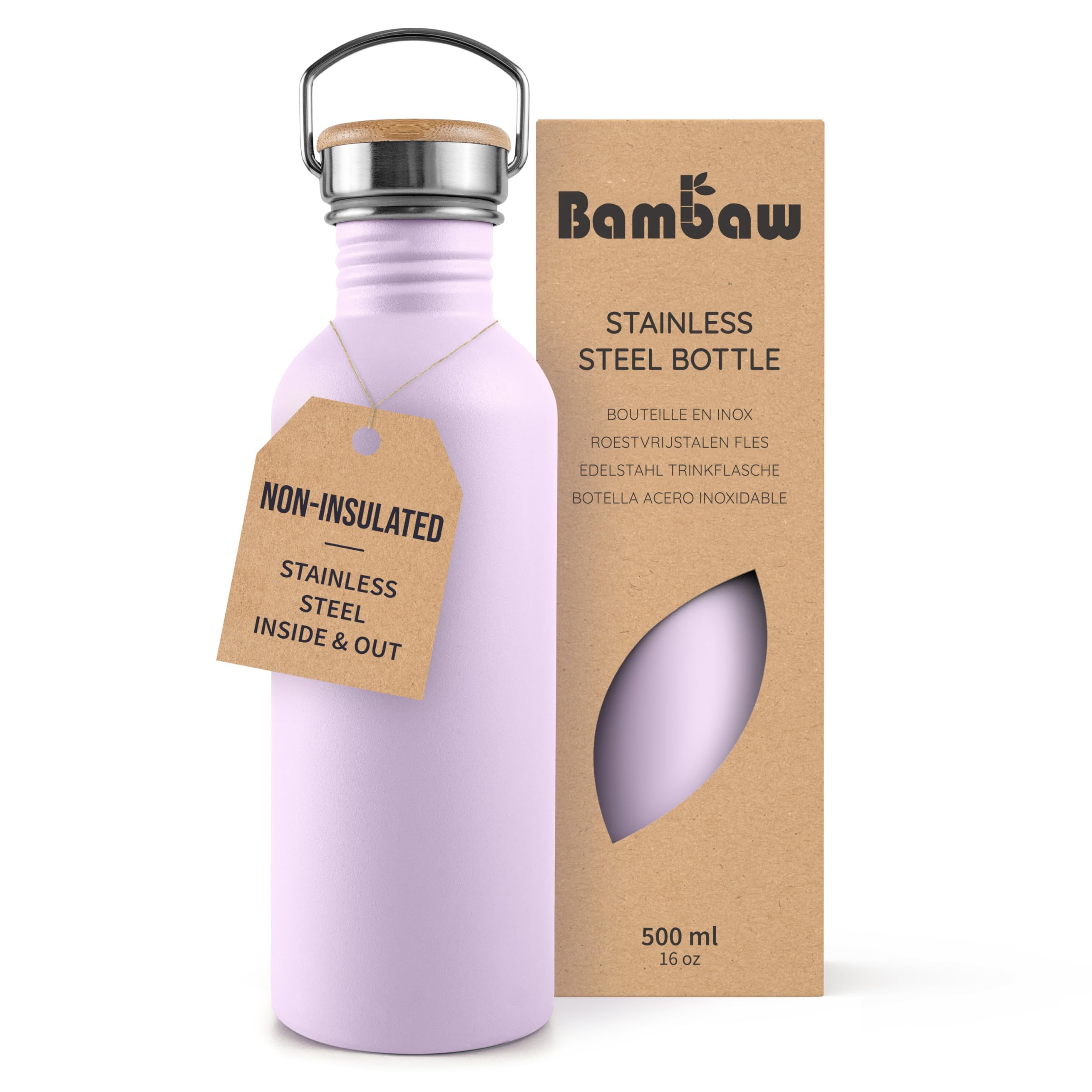 Bambaw Metal Water Bottle 16 oz, Lavender Water Bottle with Handle, Stainless Water Bottle Non Insulated, Small Water Bottle, Purple Water Bottle for